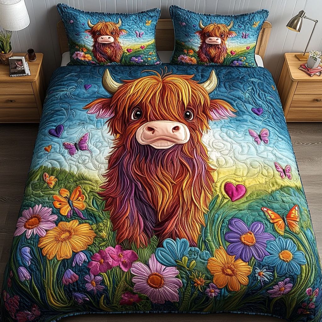 Moo Meadow Quilted Bedding Set Bedroom Decor Highland Cow Themed Gifts