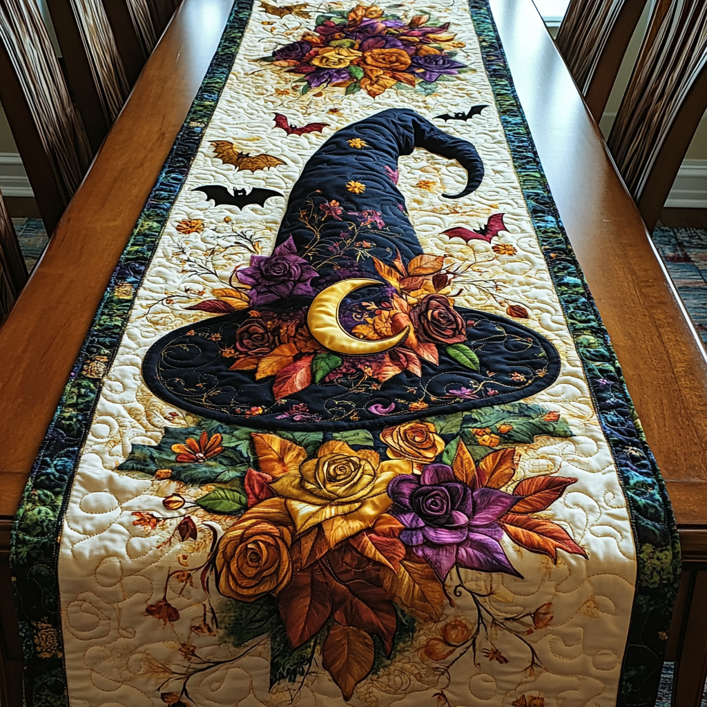 Moon Bloom Quilted Table Runner Fall Table Runner Halloween Dining Room Decor
