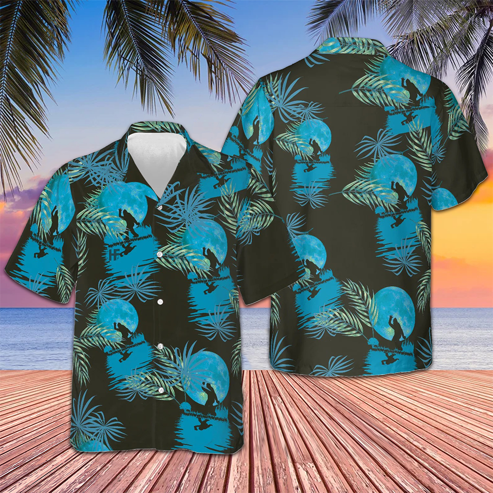 Moonlight Bigfoot Black And Blue Tropical Hawaiian Shirt Men's Vacation Button Up Gift Ideas