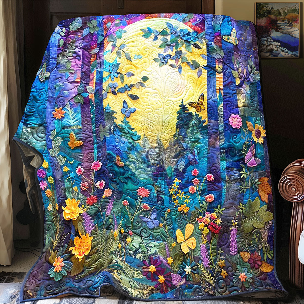 Moonlight Butterfly Forest Quilt Elegant Quilt Blanket Gift for Housewarming