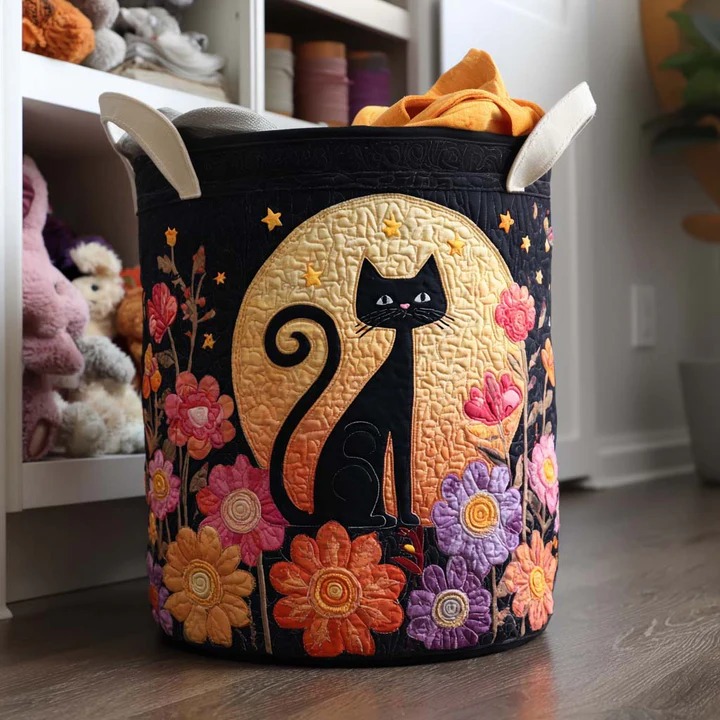 Moonlight Cat Quilted Laundry Basket Boho Celestial Night Cat Home Decor Gift For Cat Mom