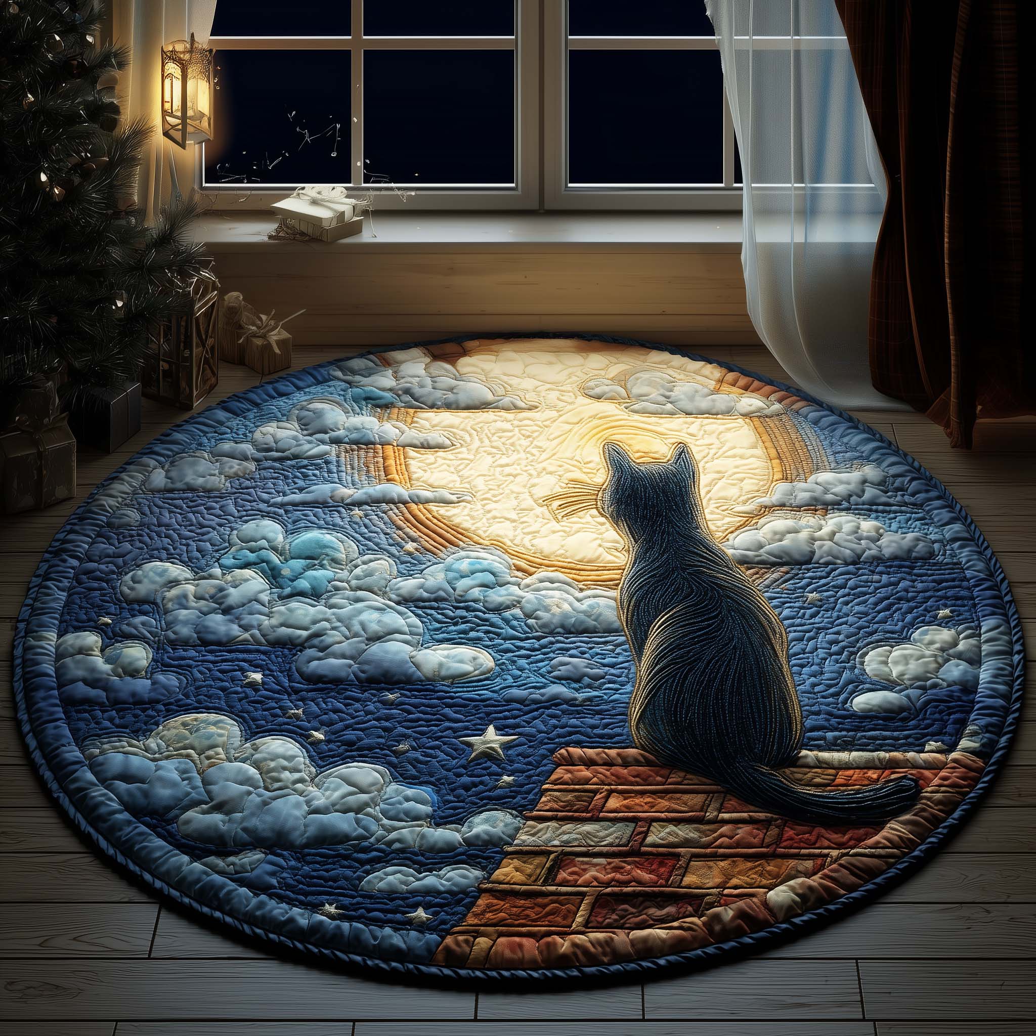 Moonlight Cat Quilted Round Mat Non-Slip Quilted Round Mat for Safety and Style