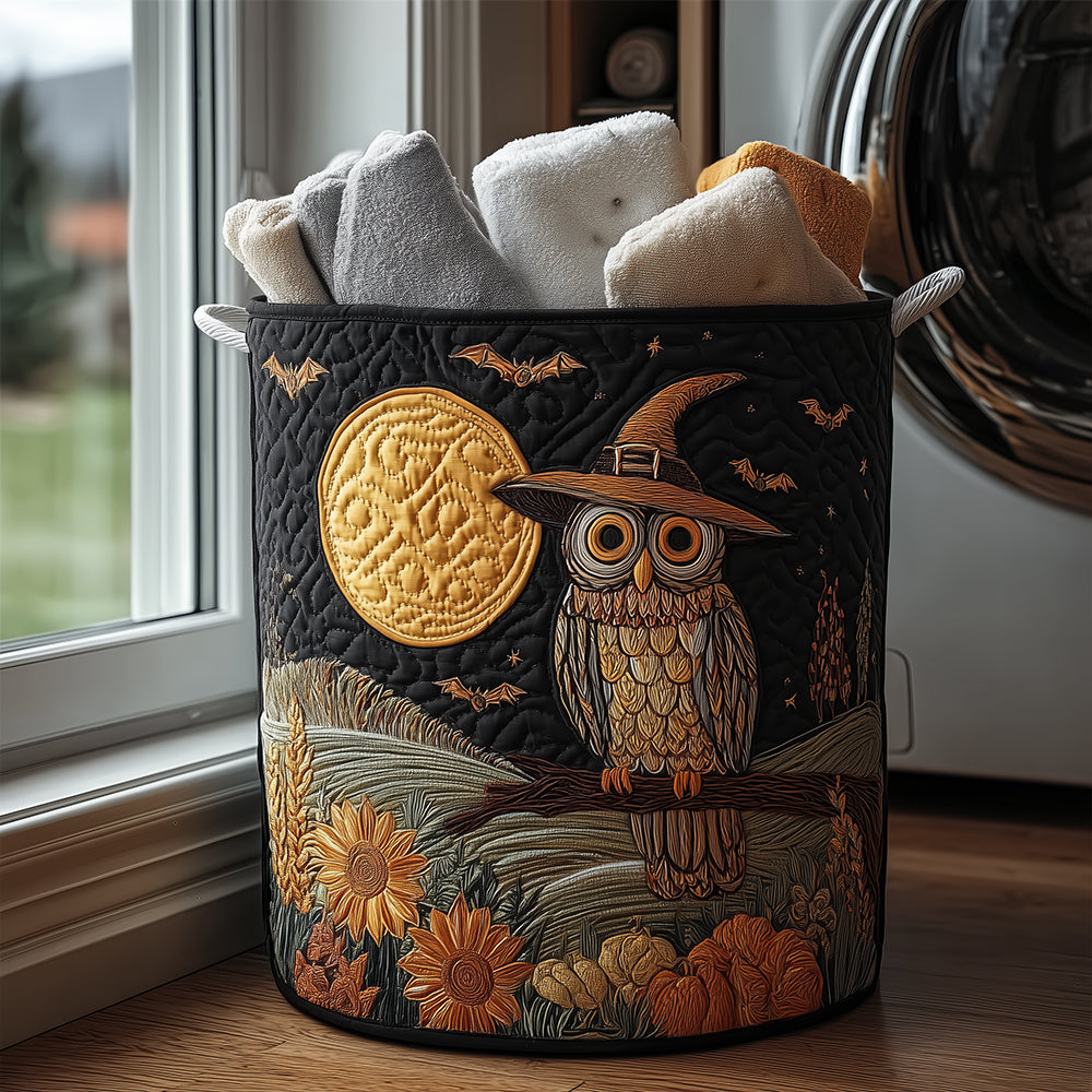 Moonlight Owl Witch Quilted Laundry Basket Summer Merch Vibes