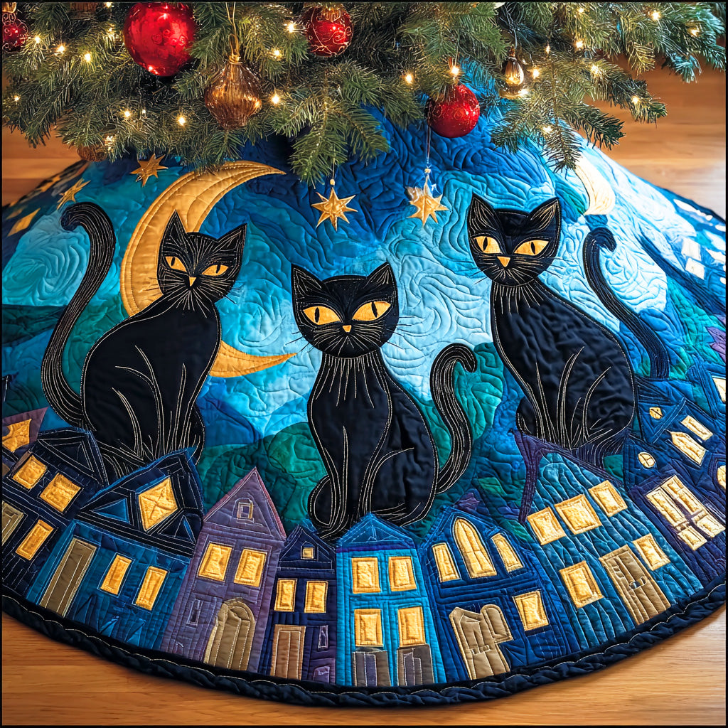 Moonlight Paws Christmas Quilted Tree Skirt Cover For Xmas Tree Base Black Cat Gift Shop