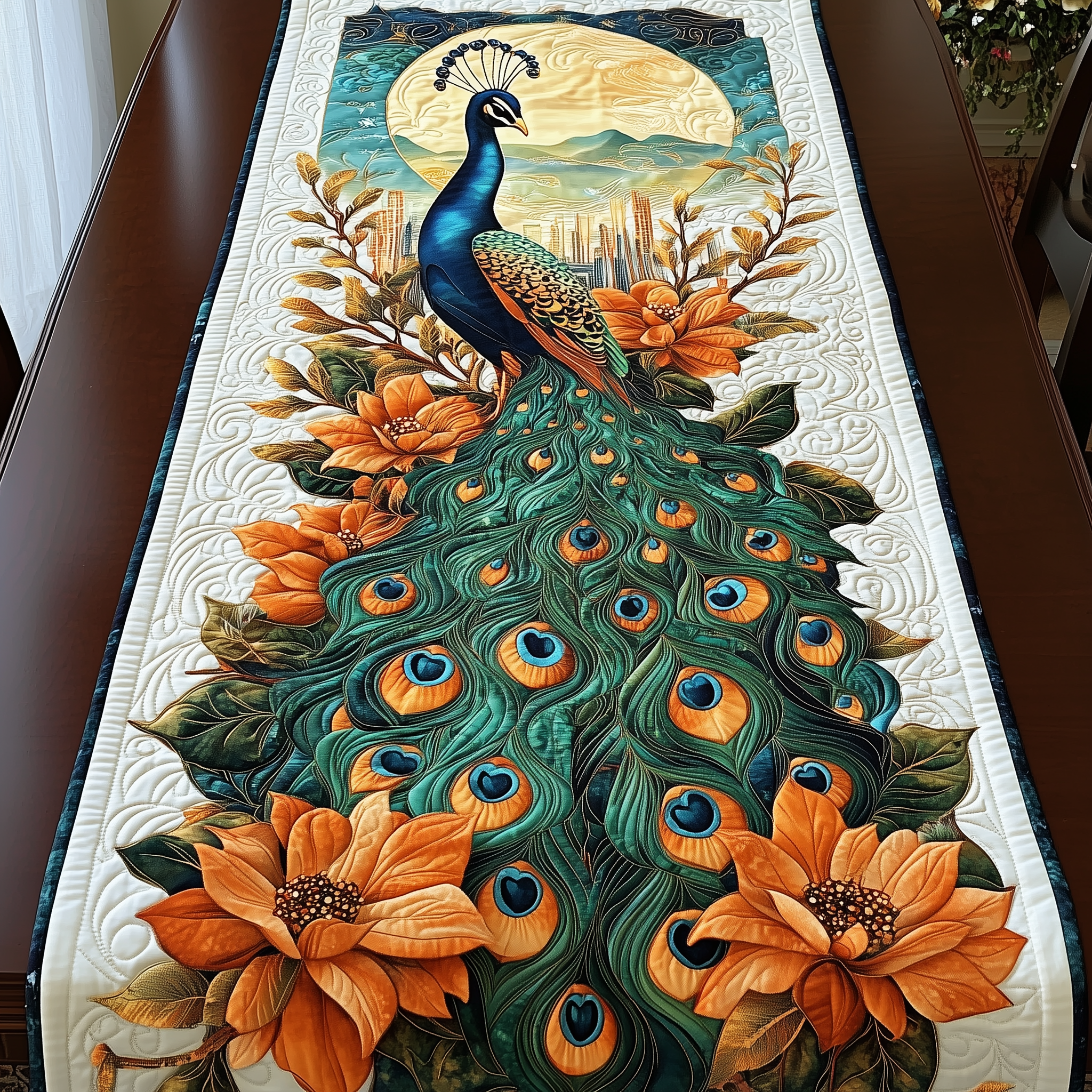 Moonlight Peacock Blossom Quilted Table Runner Modern Coffee Table Runner Peacock Merchandise Gifts