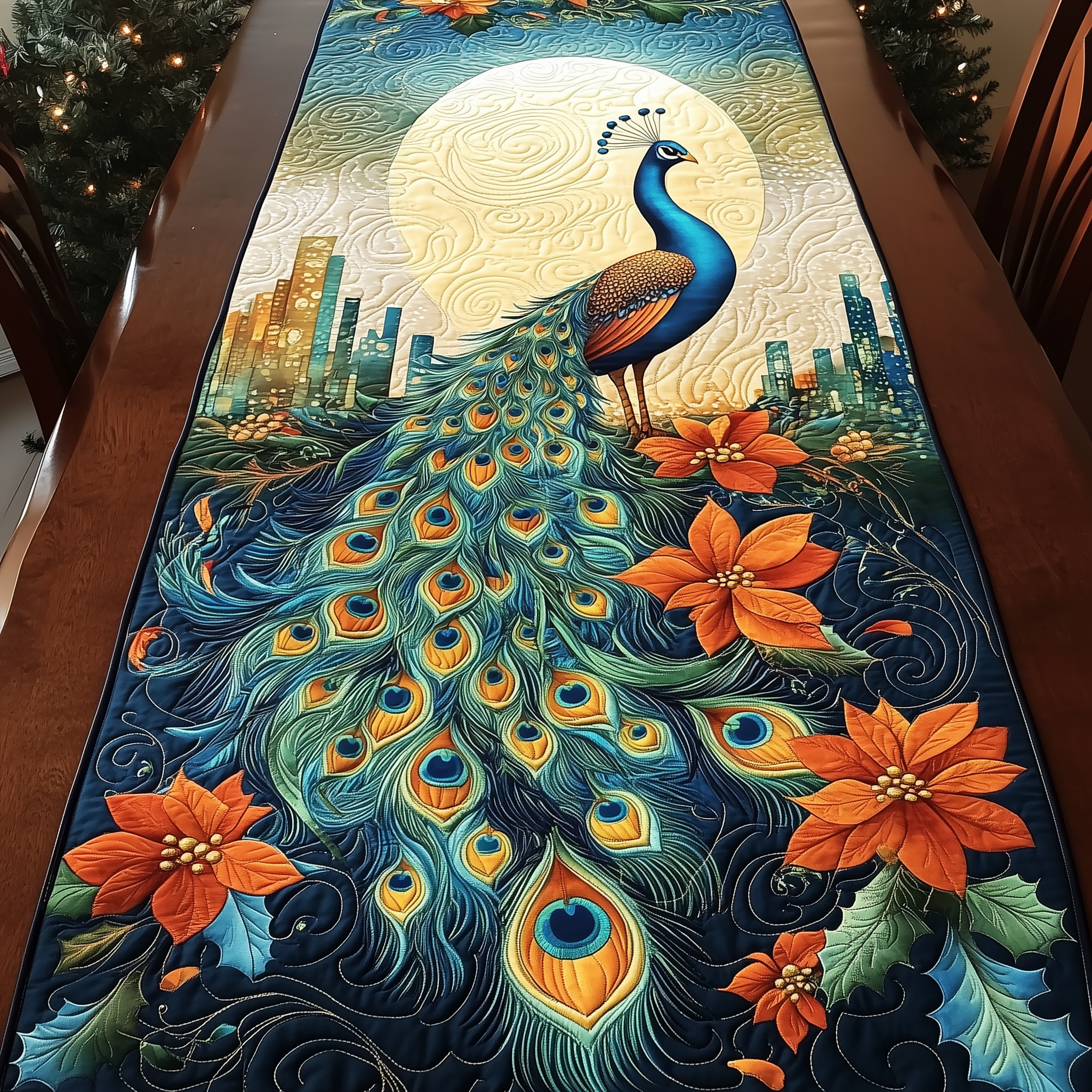 Moonlight Peacock Blossom Quilted Table Runner Modern Coffee Table Runner Peacock Merchandise Gifts
