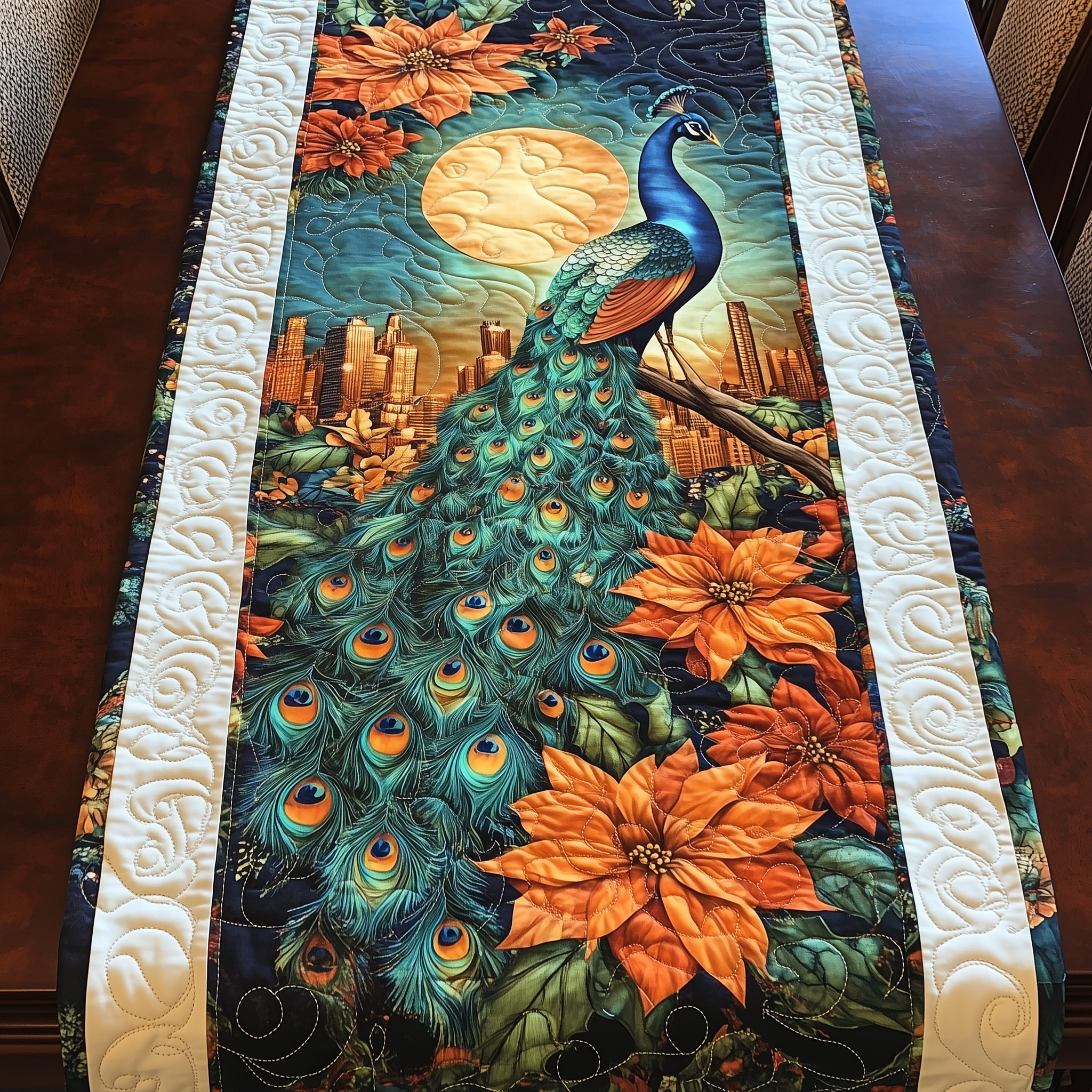 Moonlight Peacock Blossom Quilted Table RunnerHoliday Dining Table Runner Xmas Unique Peacock Themed Gifts