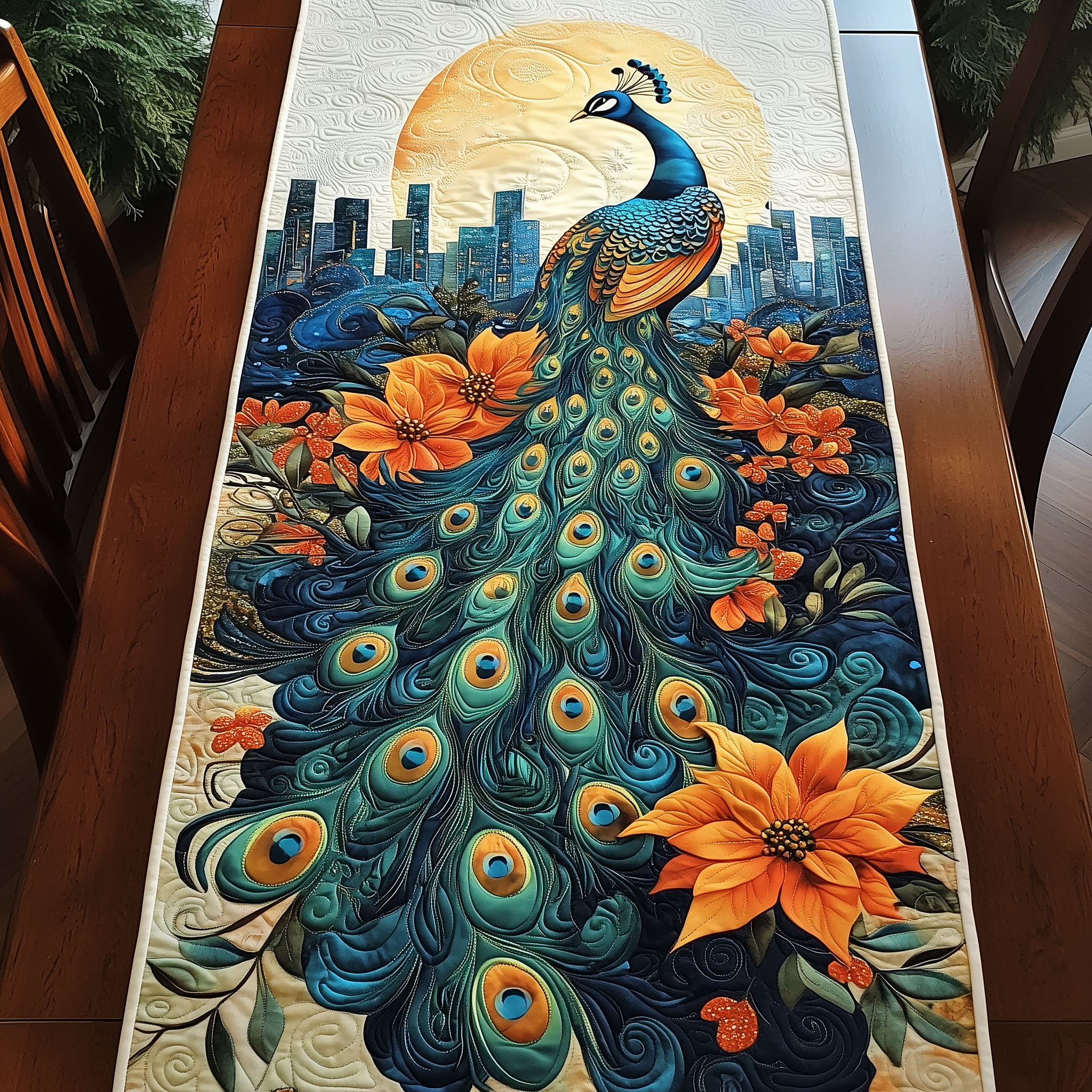 Moonlight Peacock Blossom Quilted Table RunnerHoliday Dining Table Runner Xmas Unique Peacock Themed Gifts