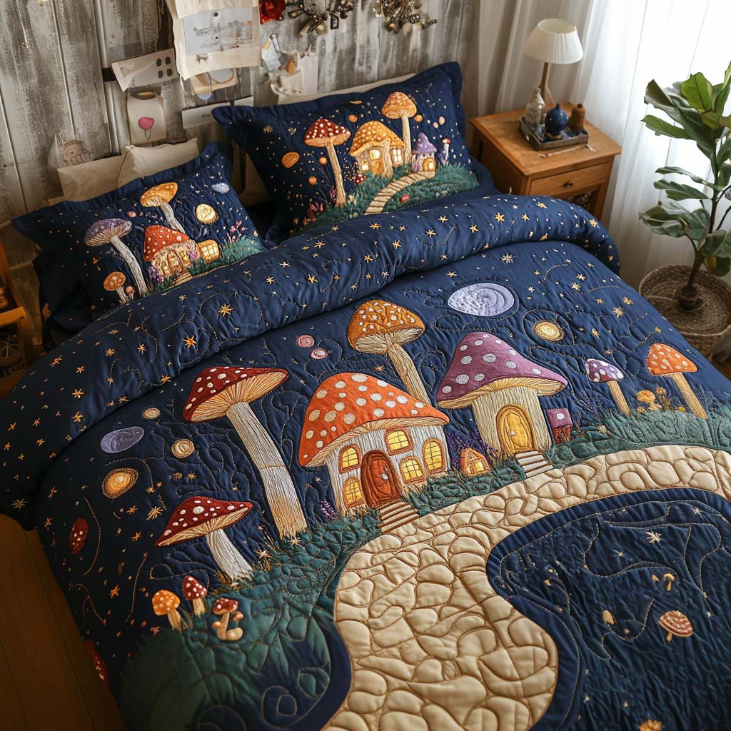 Moonlight Toadstool Town Quilted Bedding Set Bedroom Decor Mushroom Gifts For Her