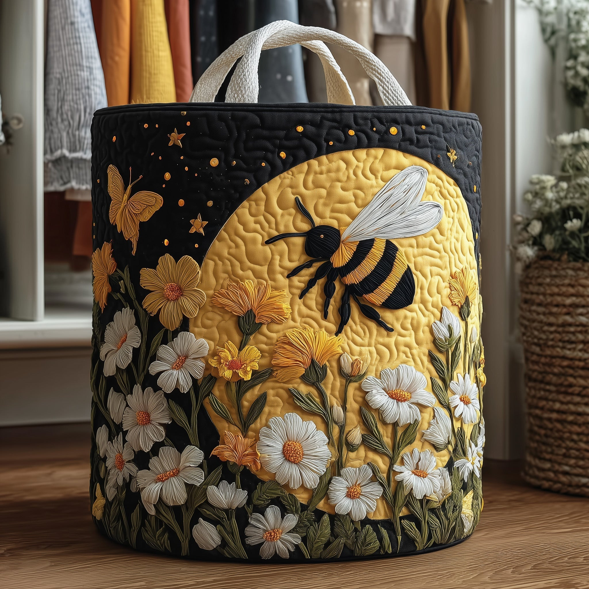 Moonlit Bee Quilted Laundry Basket Decorative Laundry Basket Gifts For Bee Lovers