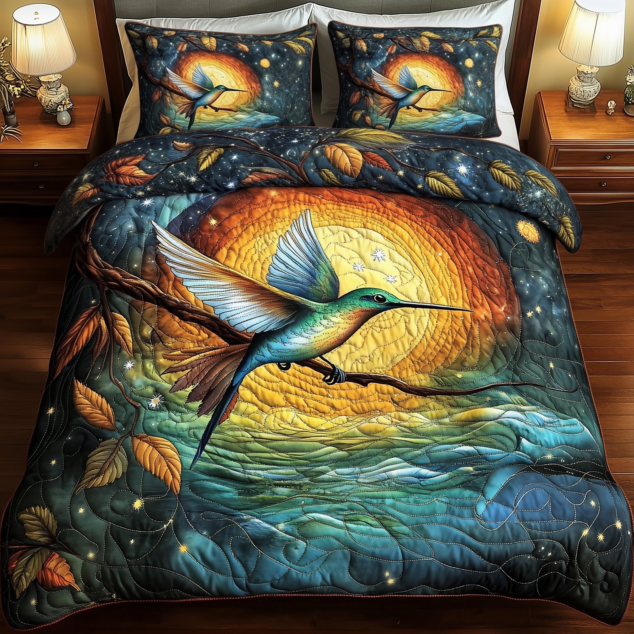Moonlit Bird Quilted Bedding Set Duvet Cover Merchandise Hummingbird Stuff To Buy