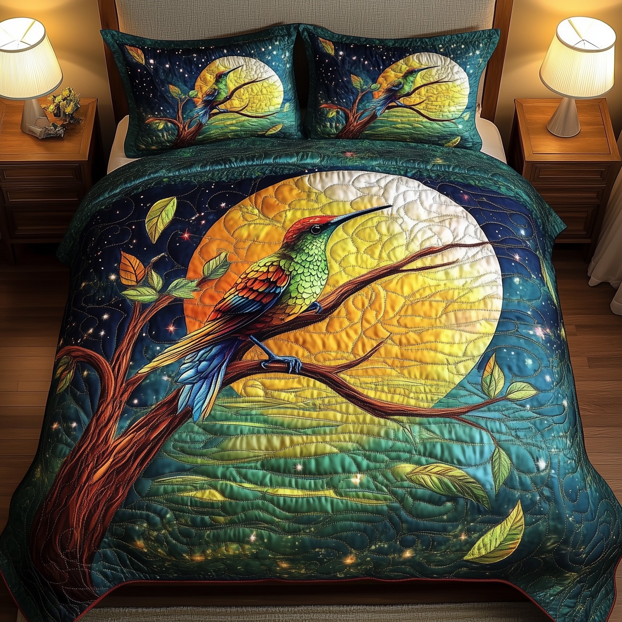 Moonlit Bird Quilted Bedding Set Duvet Cover Merchandise The Hummingbird Gift Xmas Holiday