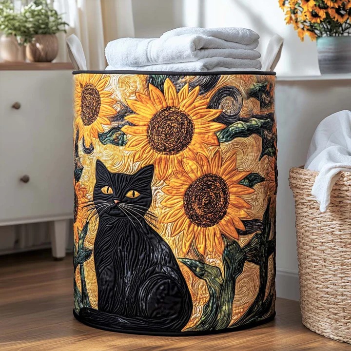 Moonlit Boho Cat Quilted Laundry Basket Celestial Cat Home Storage Best Gift For Cat Mom