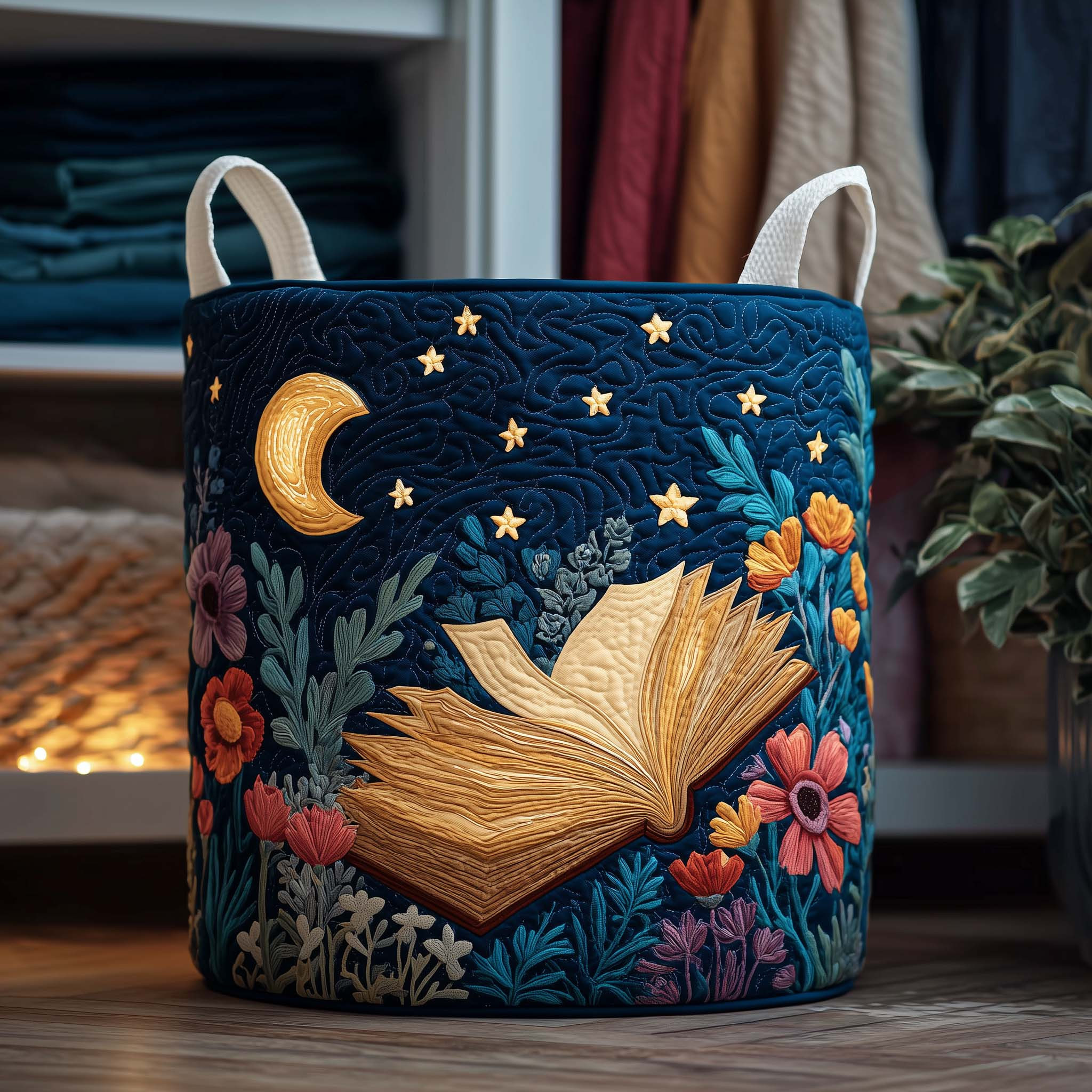 Moonlit Book Quilted Laundry Basket Housewarming Home Decor Gifts For Bookworms