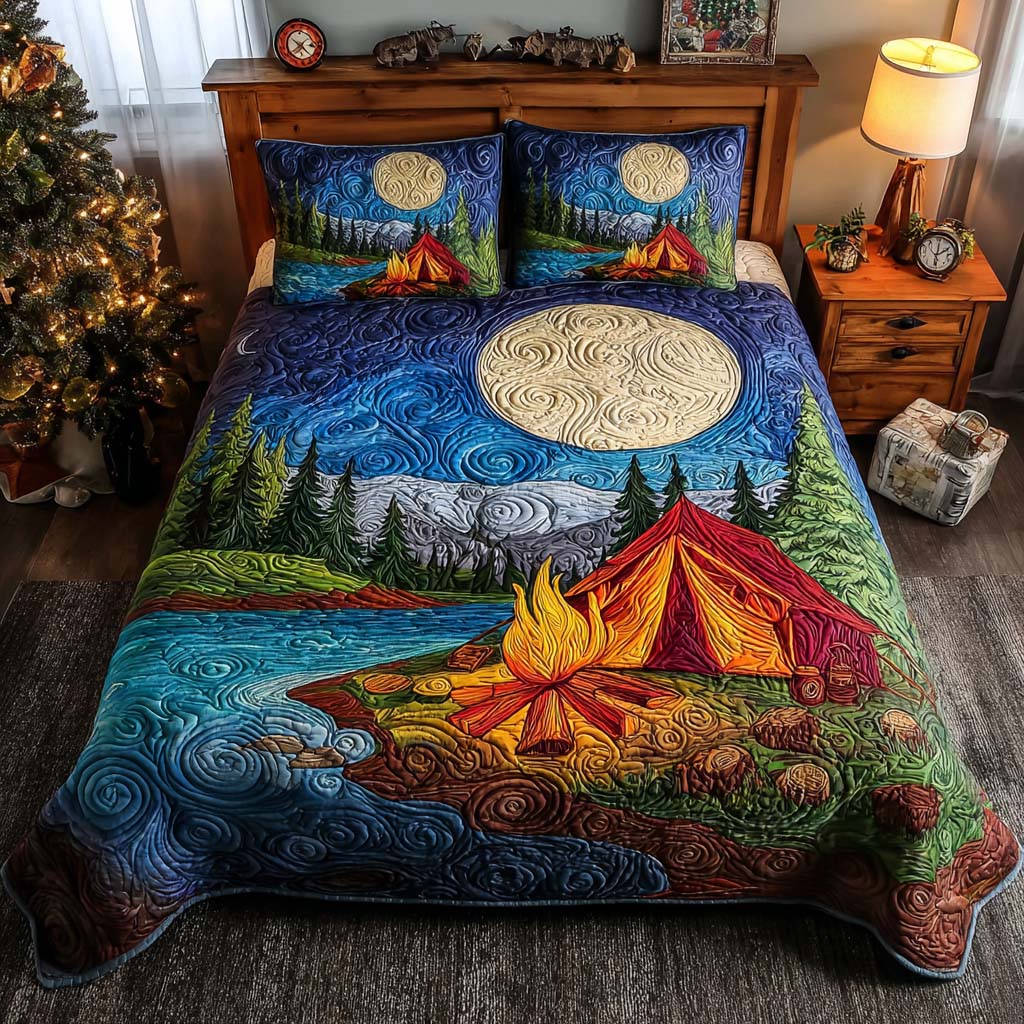 Moonlit Camp Quilt Quilted Bedding Set Bedspreads Queen Size Nature Themed Gift For Husband