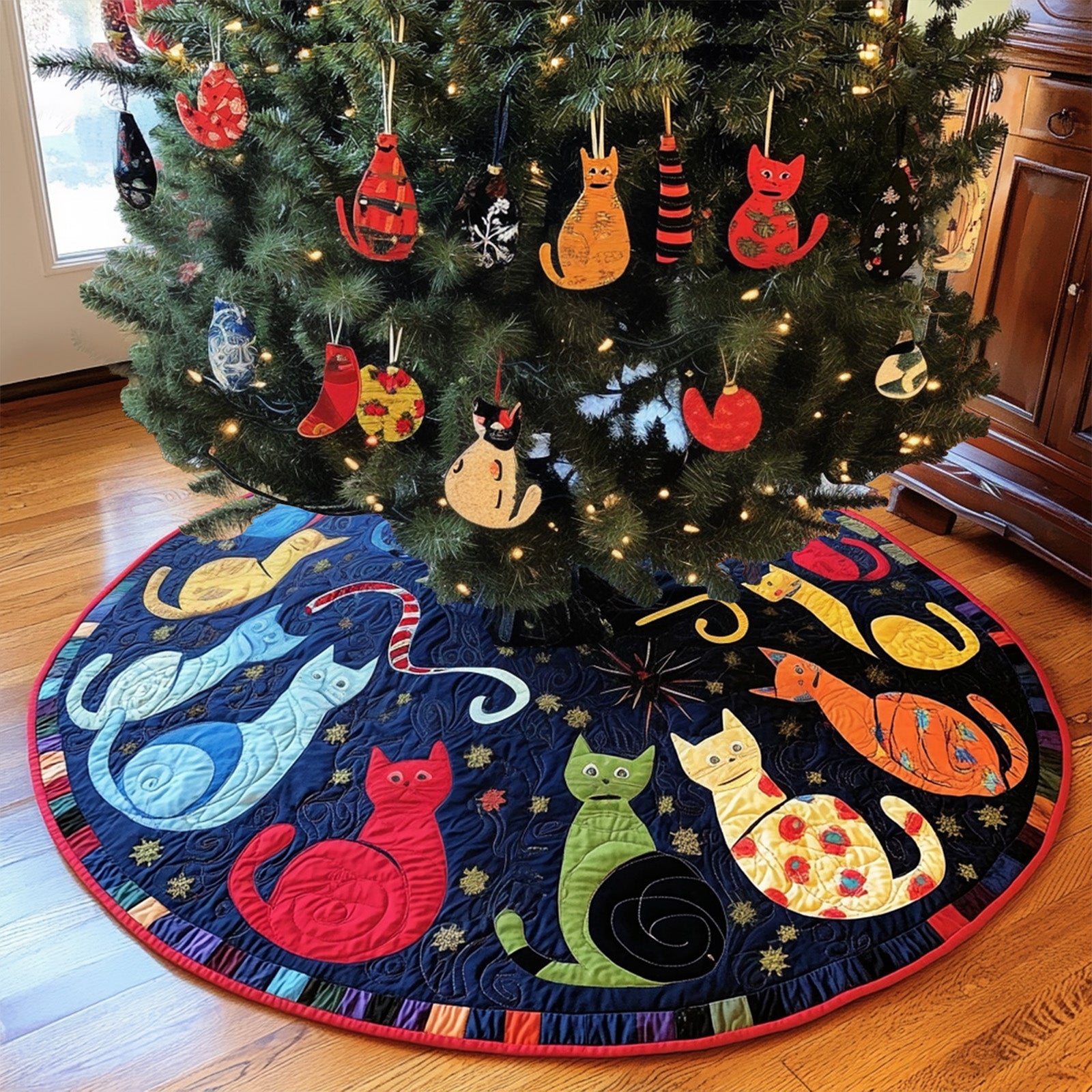 Moonlit Cats Quilted Christmas Tree Skirt Festive Christmas Home Styling Festive Tree Base Cover