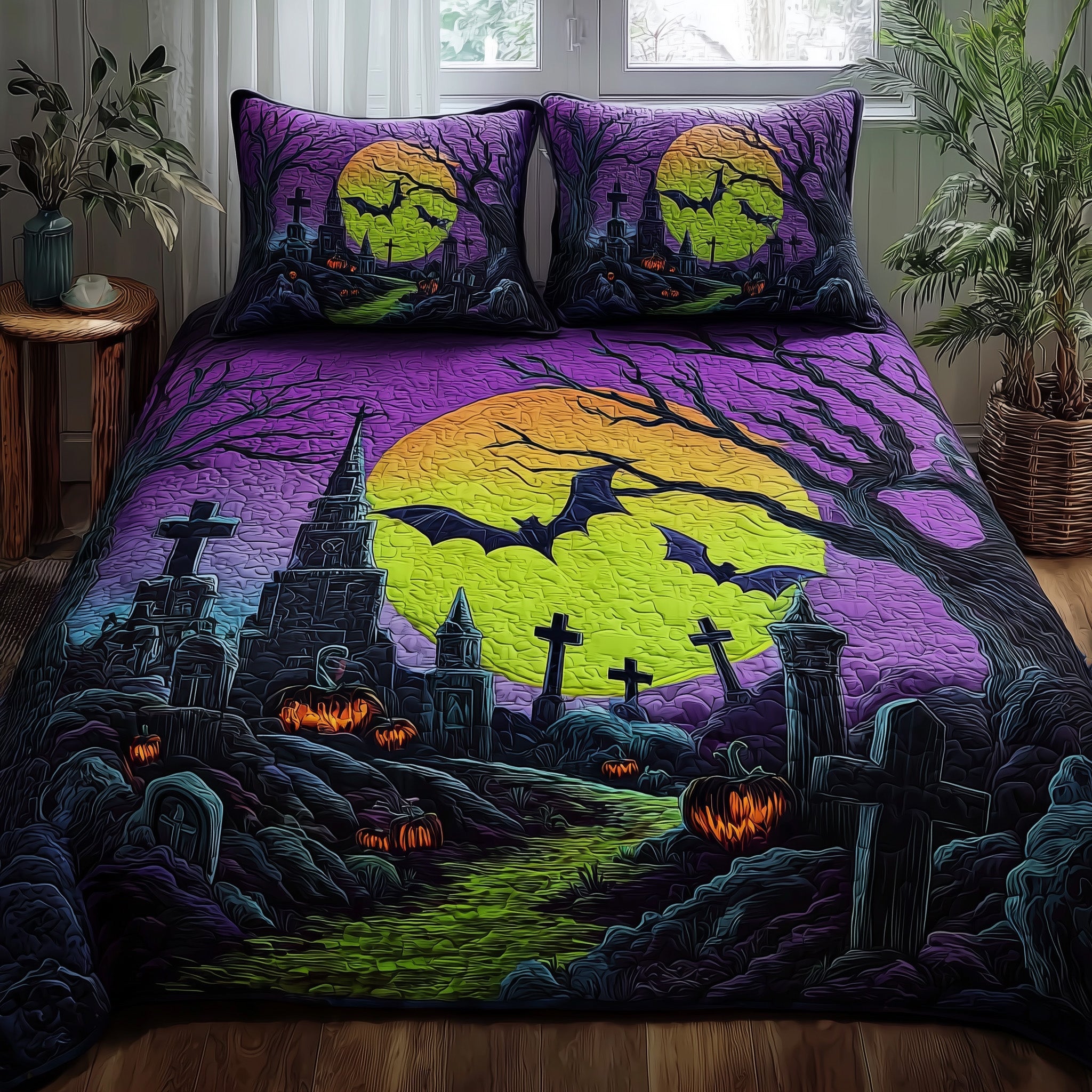 Moonlit Cemetery Quilted Bedding Set Elegant Bedding