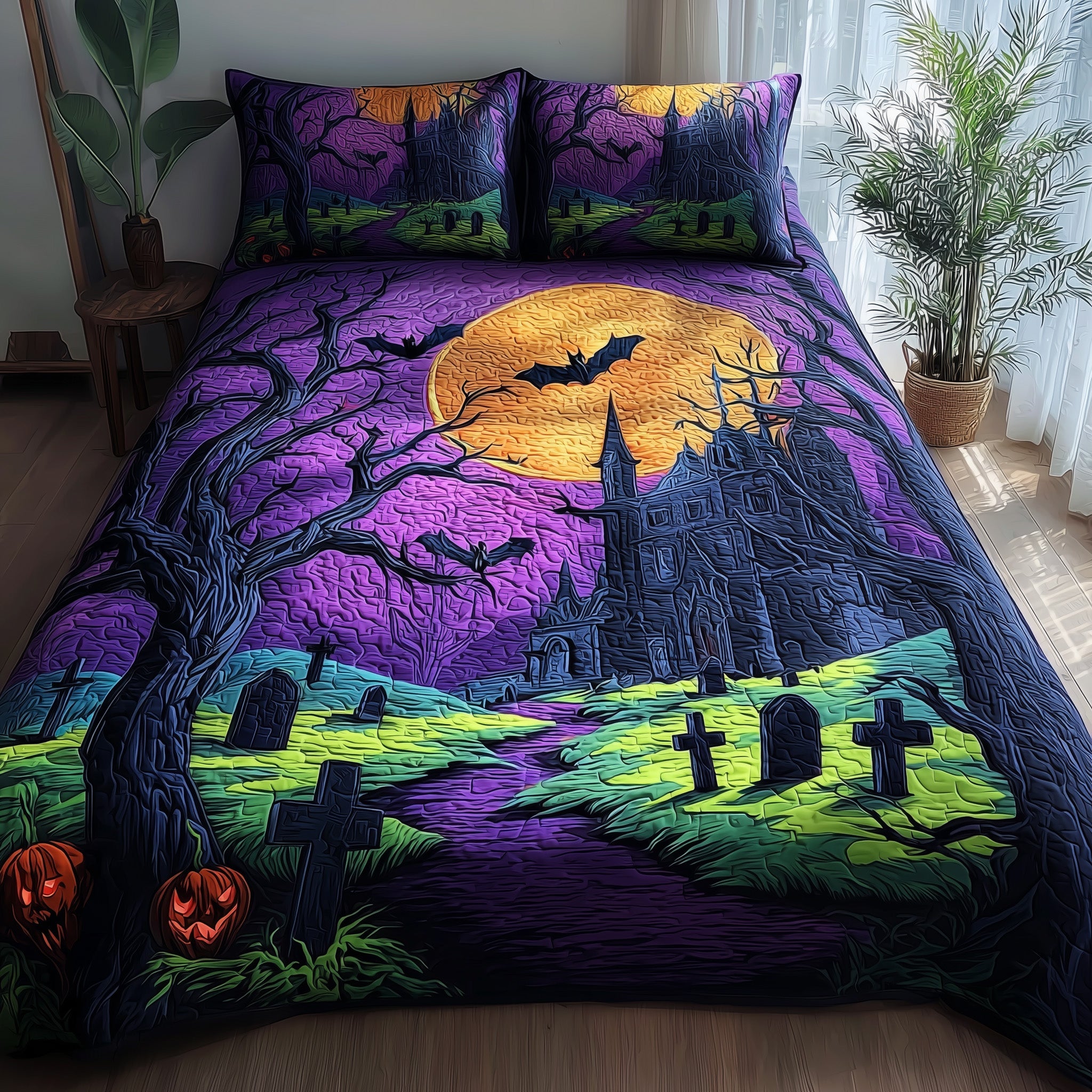 Moonlit Cemetery Quilted Bedding Set For Couples