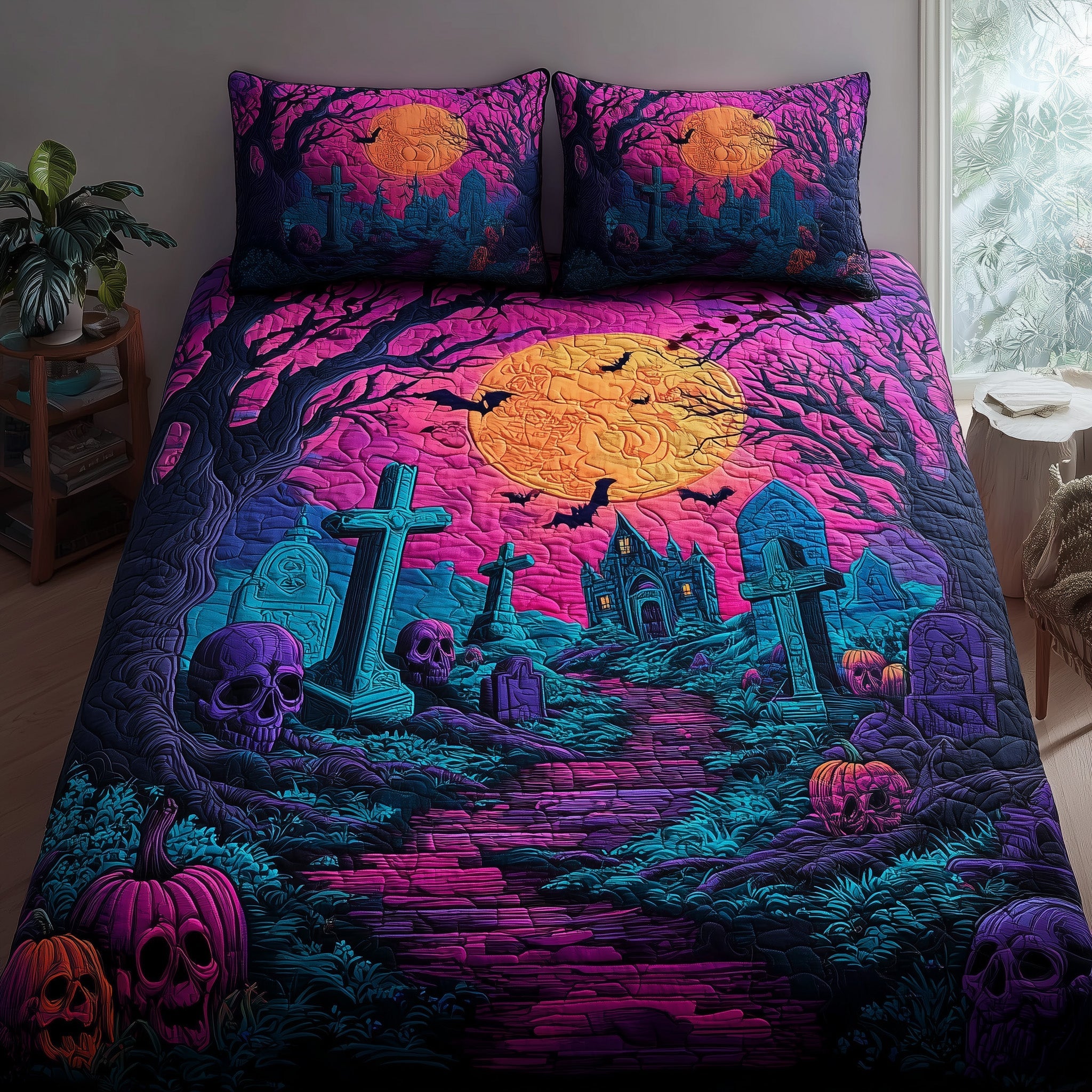 Moonlit Cemetery Quilted Bedding Set For Men