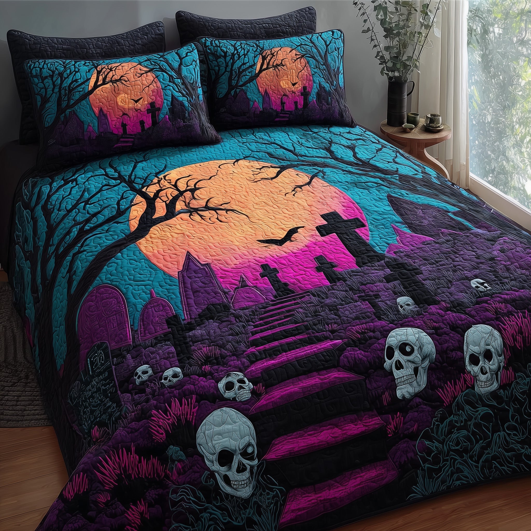 Moonlit Cemetery Quilted Bedding Set Relaxing Sleep
