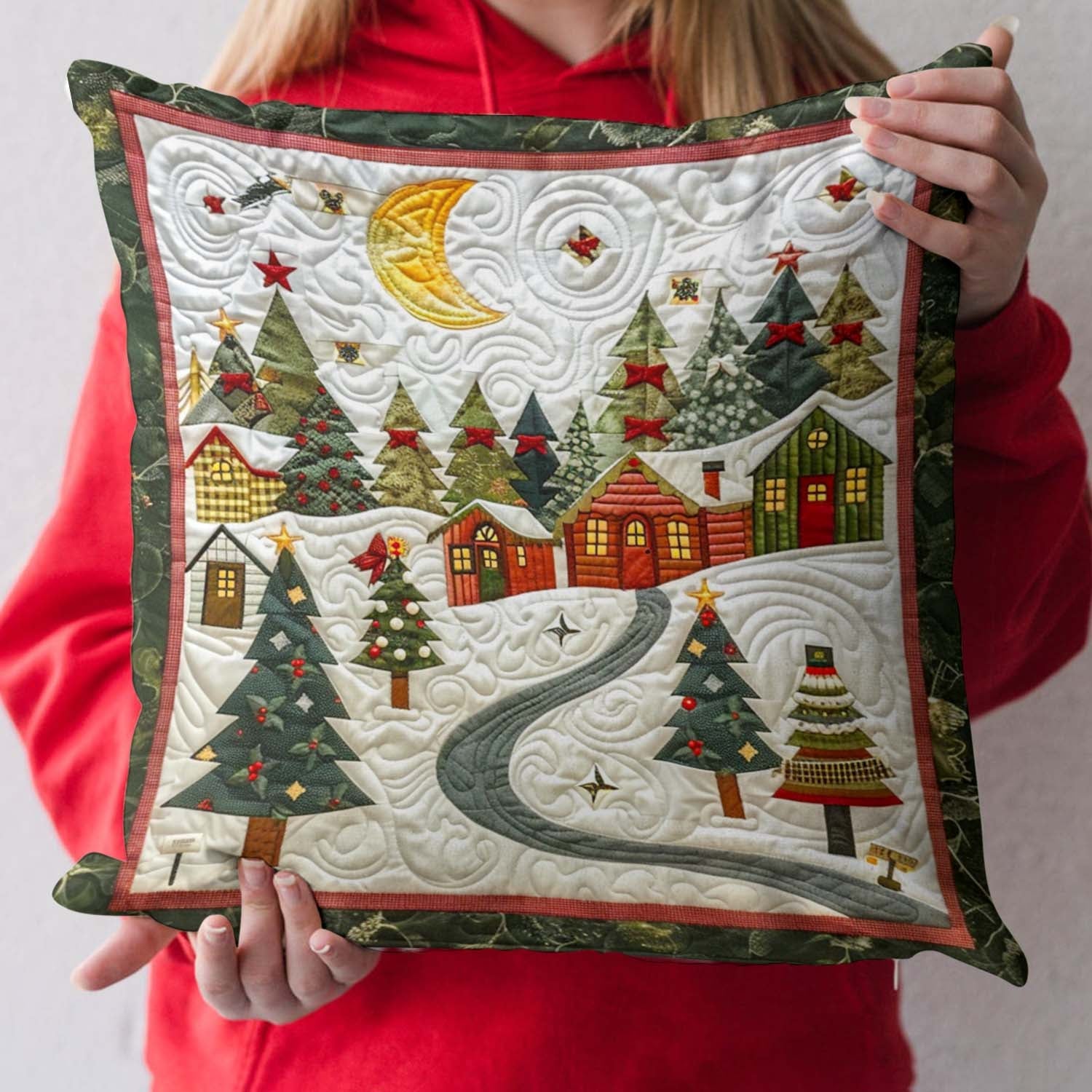 Moonlit Christmas Village Quilted Pillow Case Cozy Winter Cushion Cover