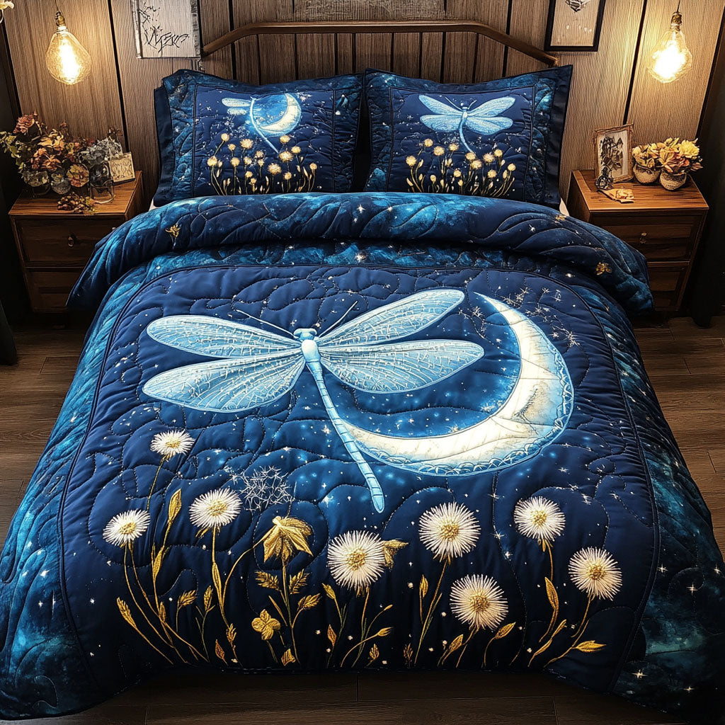 Moonlit Dragonfly Quilted Bedding Set Aesthetic Room Decor Cool Gifts For Dragonfly Lovers