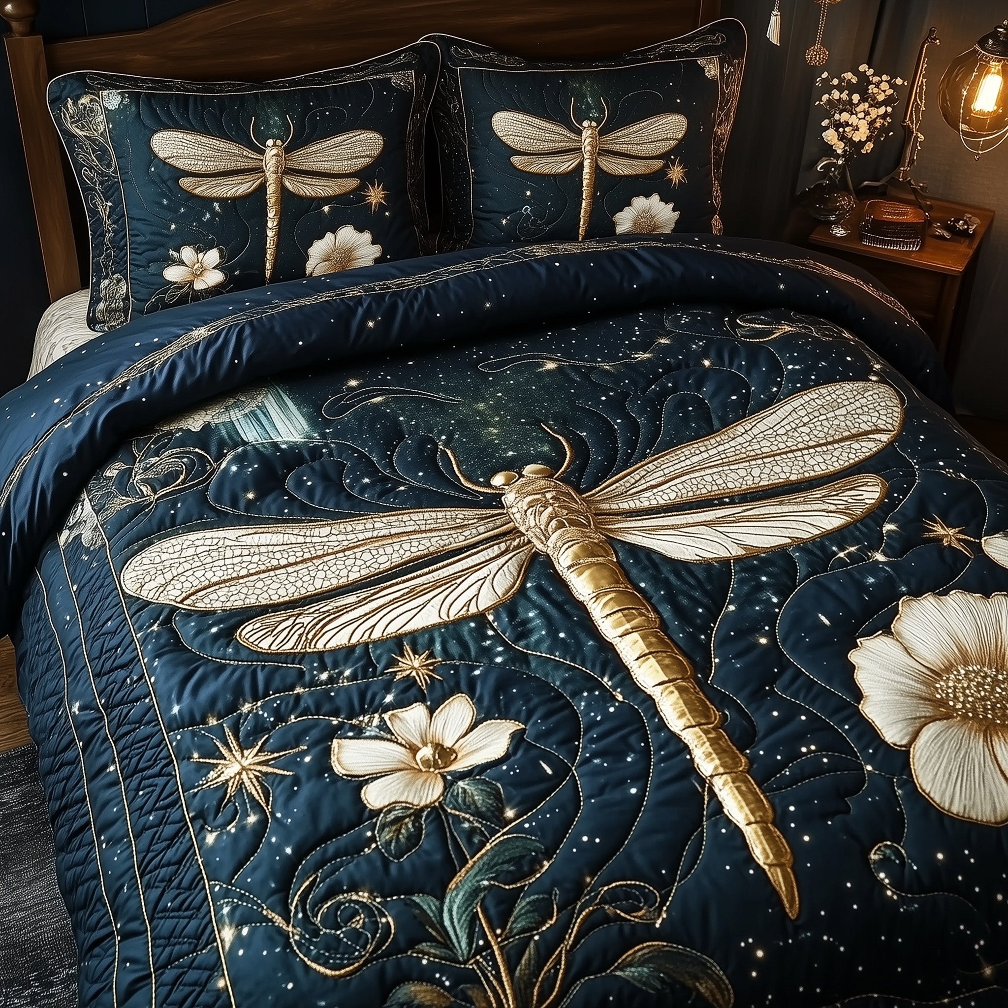 Moonlit Dragonfly Quilted Bedding Set Duvet Cover Bedspread Birthday Gifts For Dragonfly Lovers