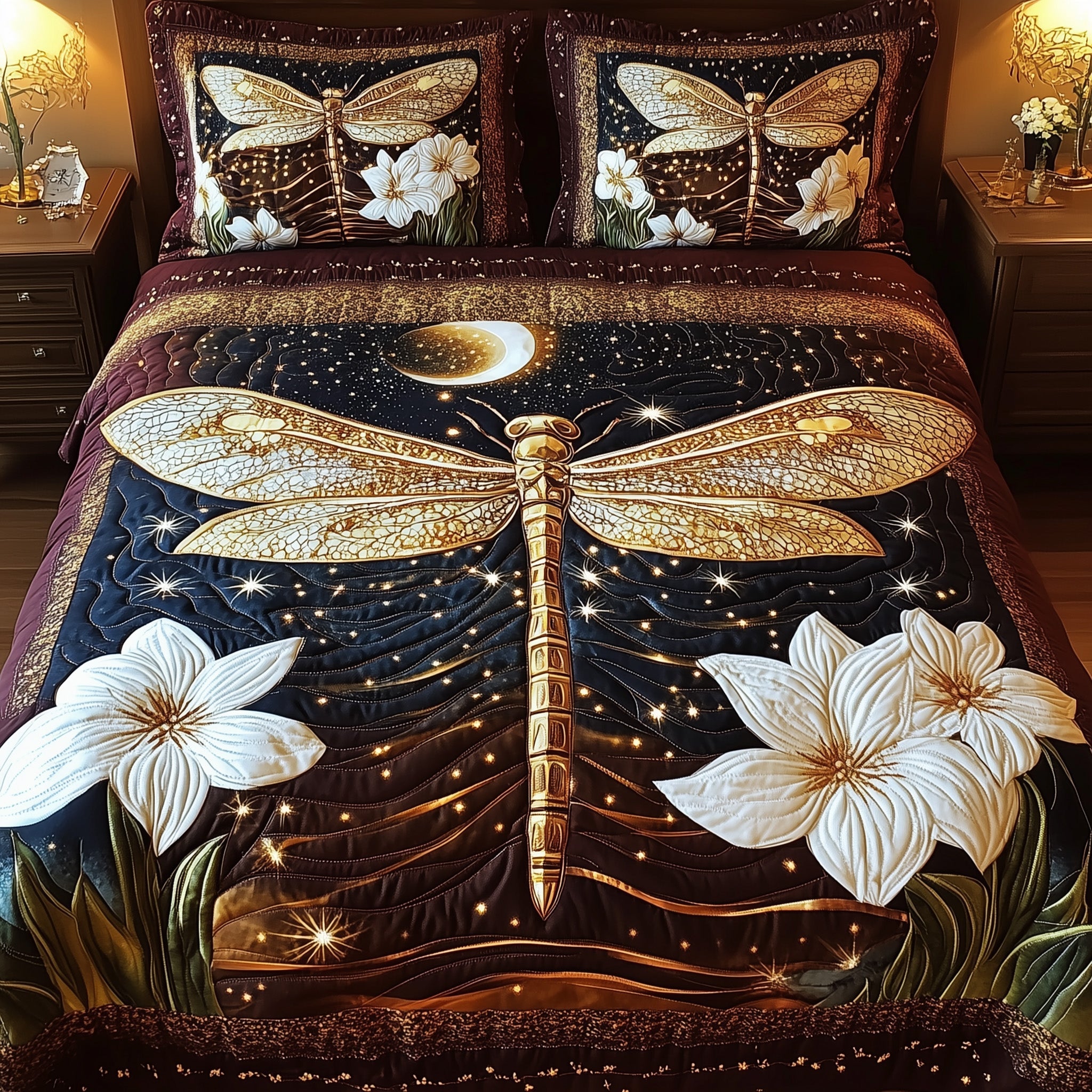 Moonlit Dragonfly Quilted Bedding Set Duvet Cover Bedspread Dragonfly Gifts For Men