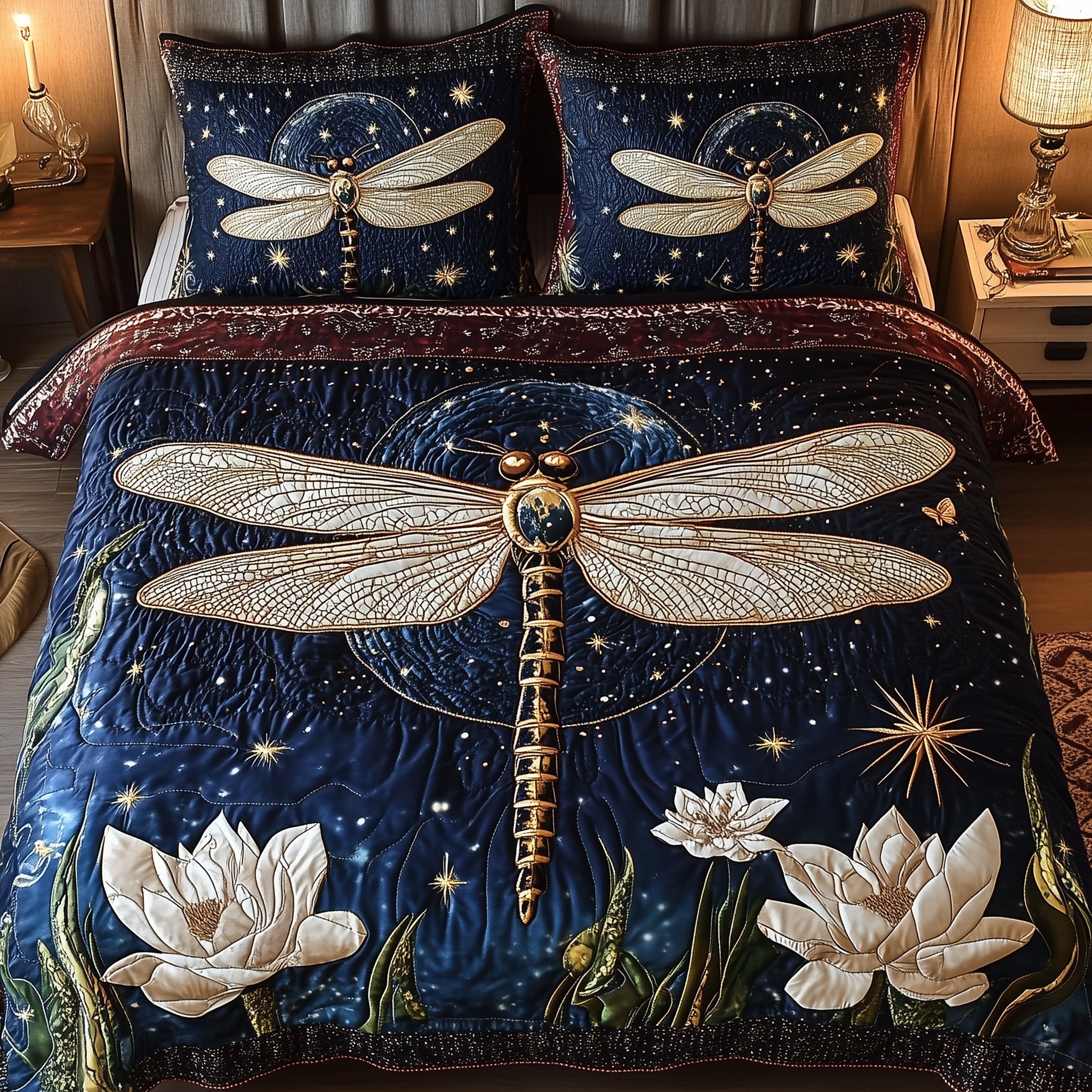 Moonlit Dragonfly Quilted Bedding Set Duvet Cover Bedspread Unusual Dragonfly Gifts