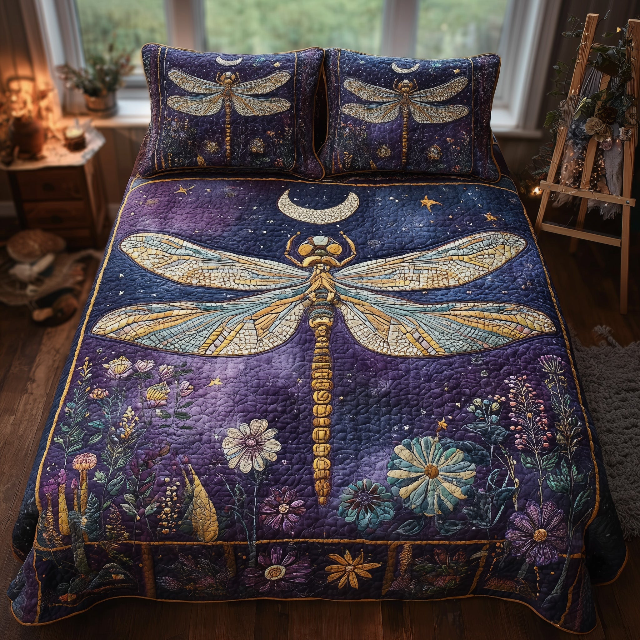 Moonlit Dragonfly Quilted Bedding Set Microfiber