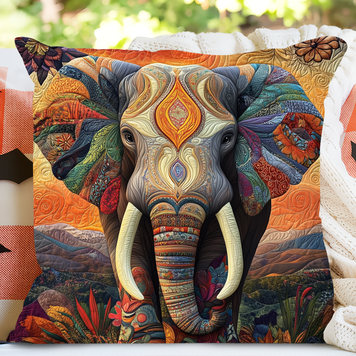 Moonlit Elephant Quilted Pillow Case Festive Holiday Throw Pillow