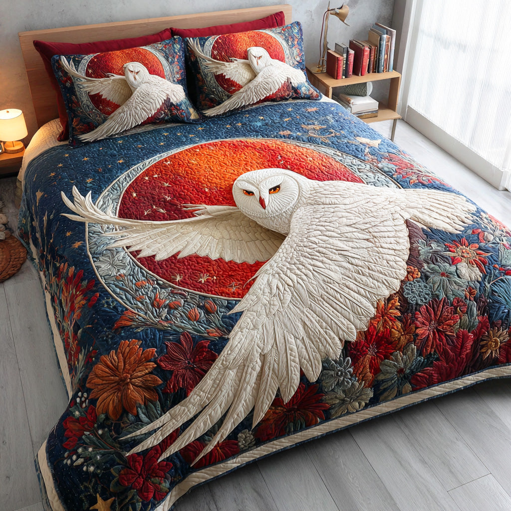 Moonlit Feathers Quilted Bedding Set Lovely Bedroom Gift Idea for Housewarming