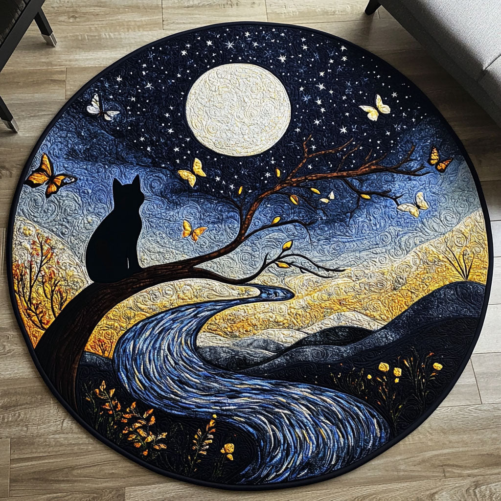 Moonlit Feline Quilted Round Mat Christmas Decor For Entryway Cat Mom Gifts