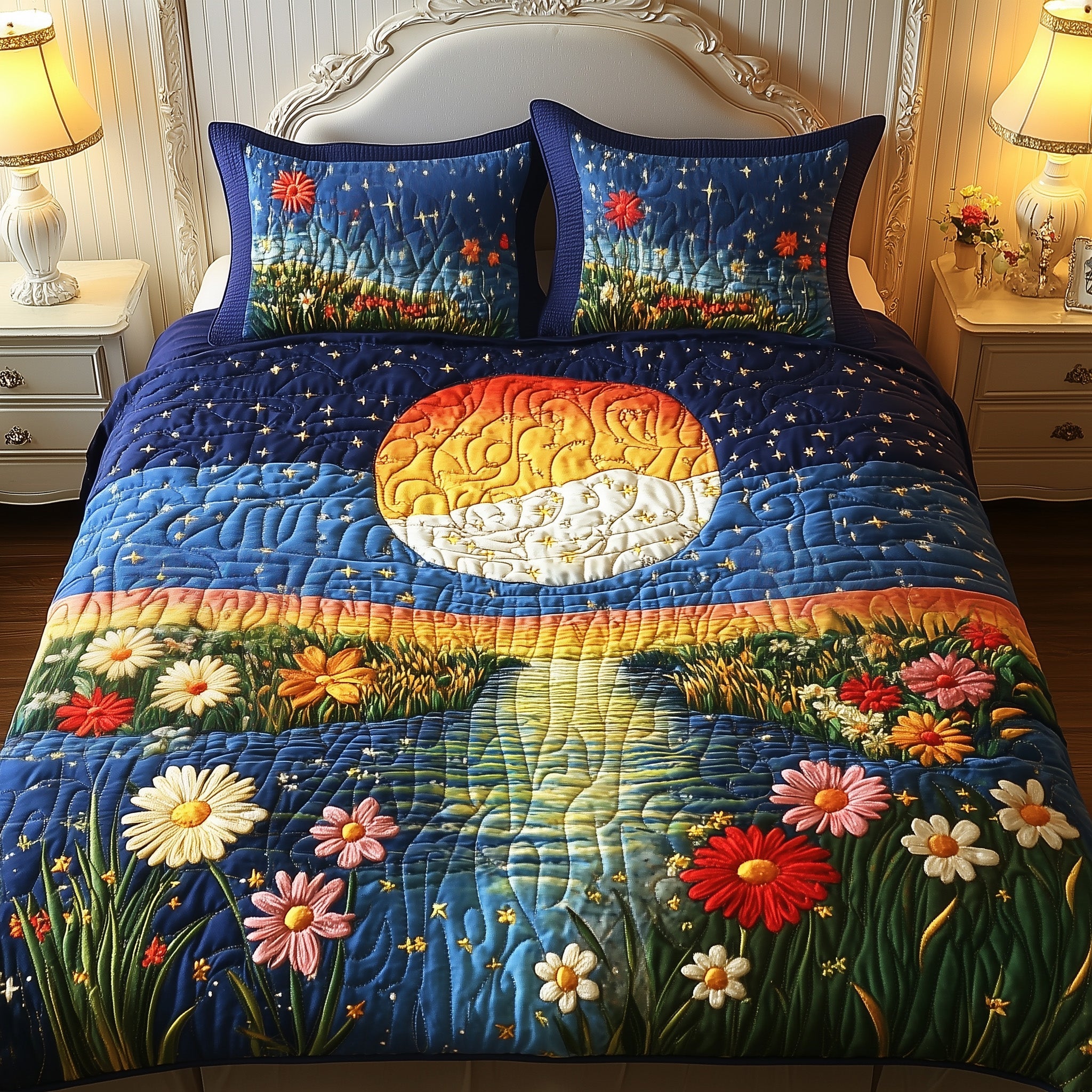 Moonlit Floral Quilted Bedding Set Duvet Cover Merchandise Christmas Gift For Family Friends