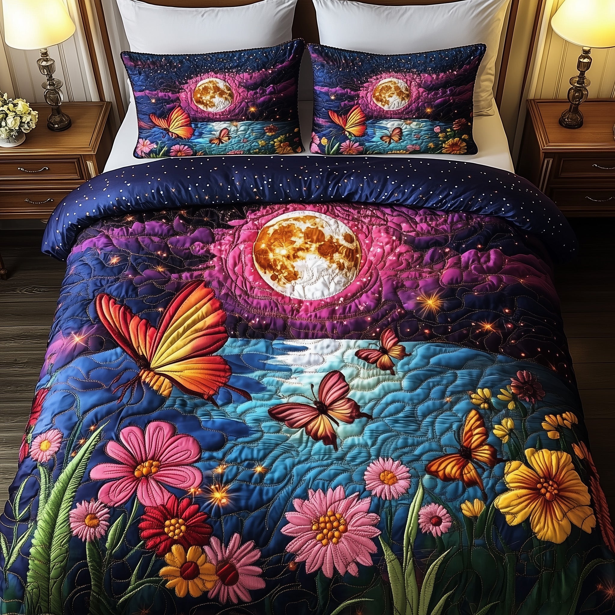 Moonlit Floral Quilted Bedding Set Duvet Cover Merchandise Christmas Gift For Parents In Law
