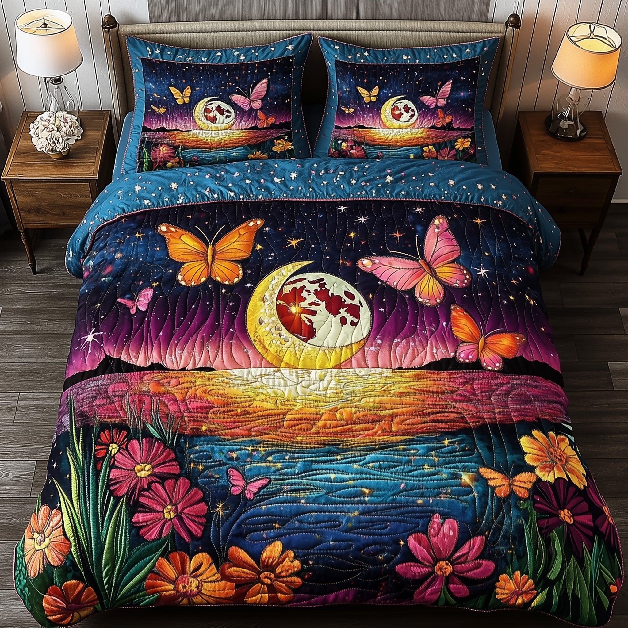 Moonlit Floral Quilted Bedding Set Duvet Cover Merchandise Family Fun Gifts For Christmas