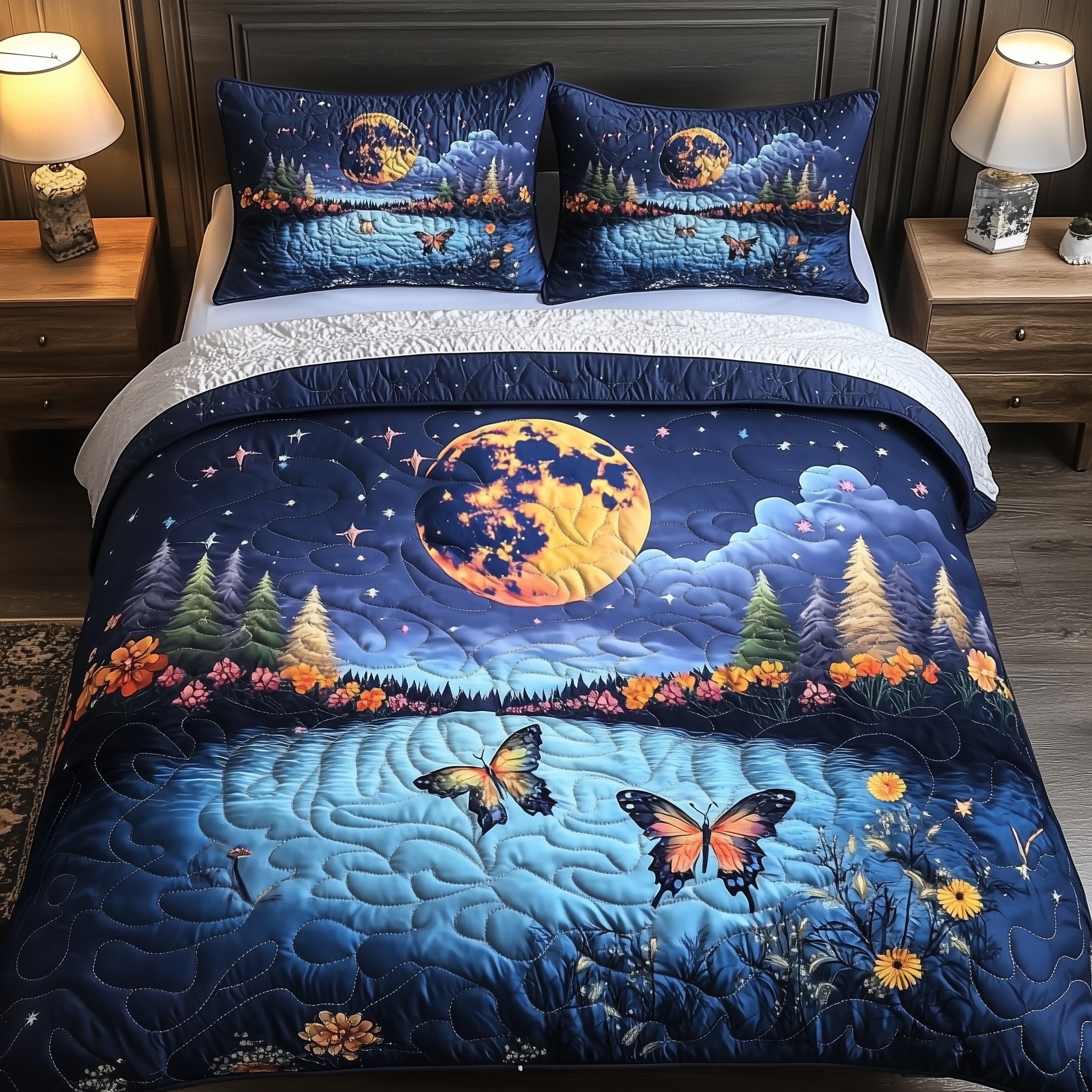 Moonlit Floral Quilted Bedding Set Duvet Cover Merchandise Gifts For Grandchildren For Christmas