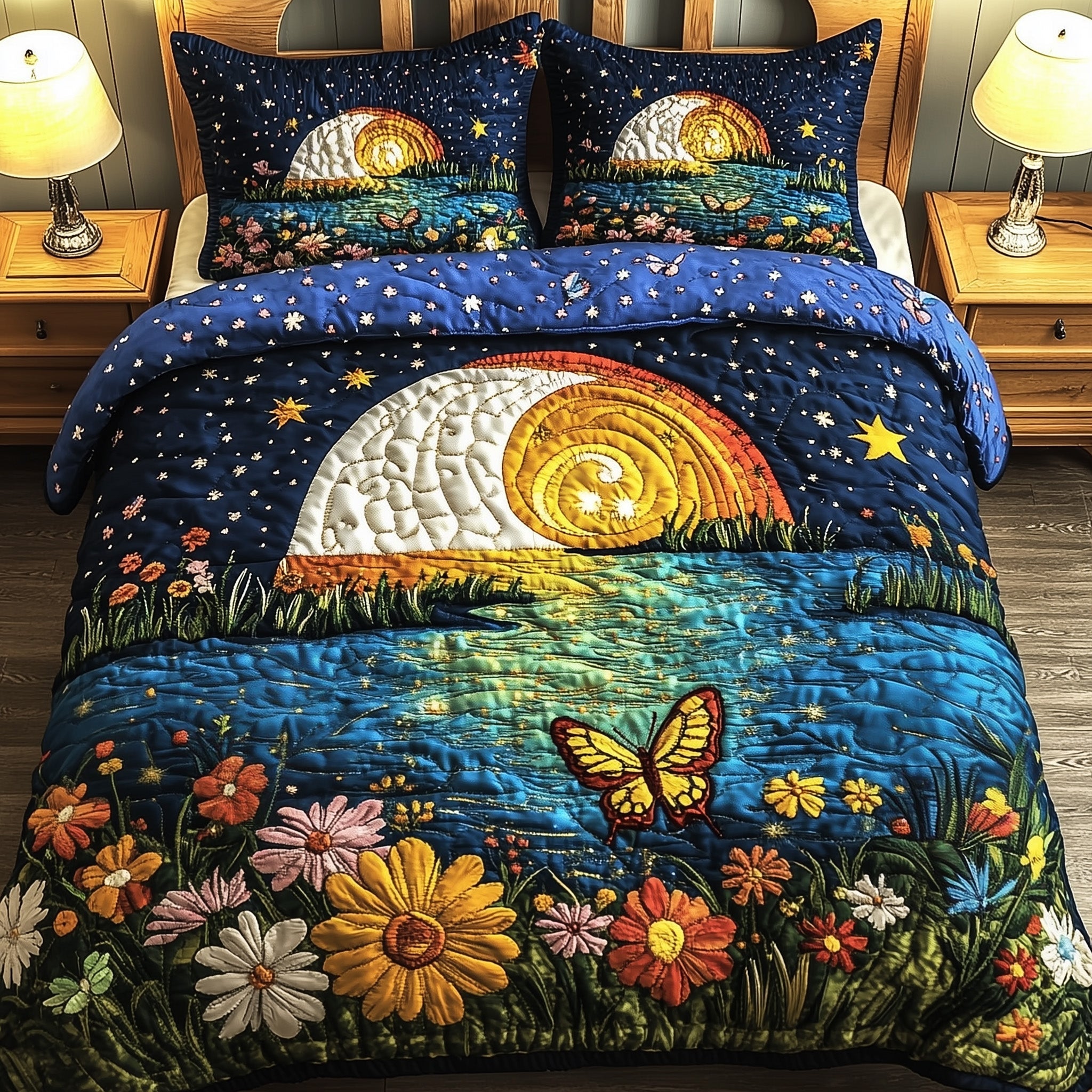 Moonlit Floral Quilted Bedding Set Duvet Cover Merchandise Grandchildren Gifts For Christmas