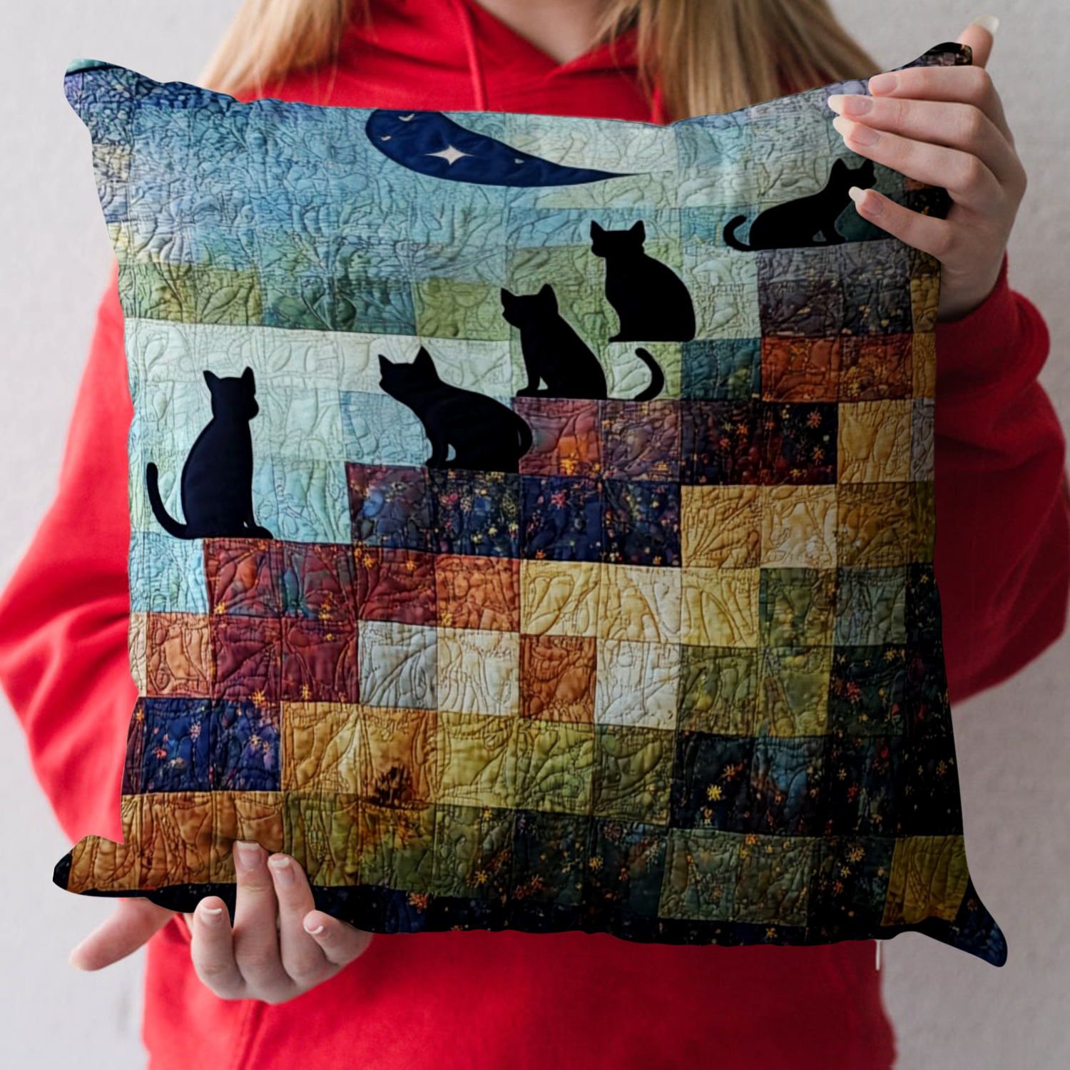 Moonlit Gathering Quilted Pillow Case Throw Pillow Covers Cat Gifts For Cat Lovers