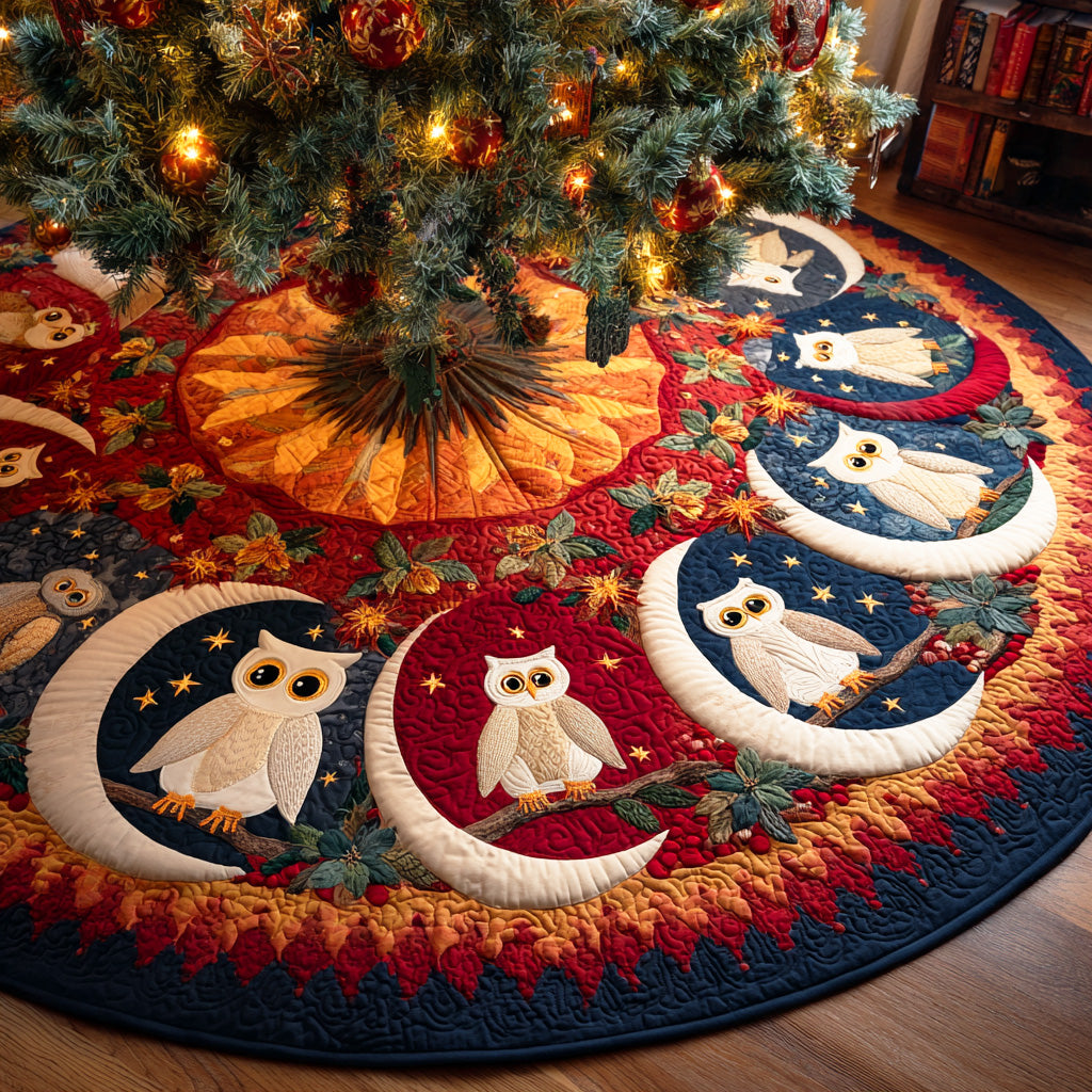 Moonlit Guardian Christmas Quilted Tree Skirt Xmas Tree Decor Gift For Owl Lover