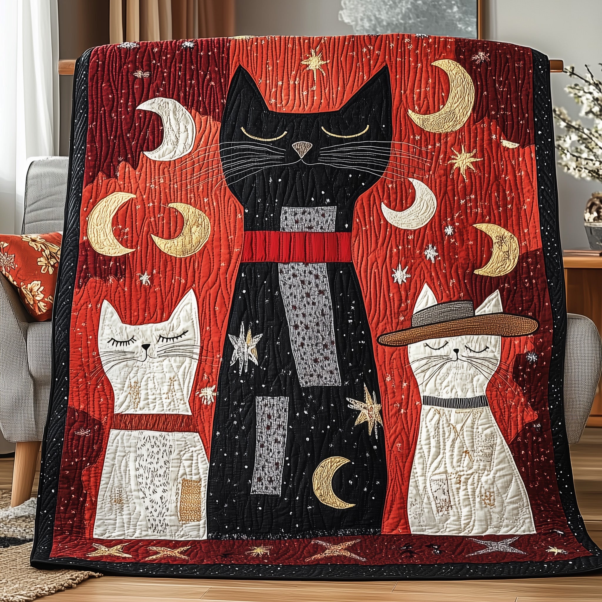 Moonlit Guardians Quilted Blanket Cute Bed BlanketBirthday Gift Cat Christmas Holiday