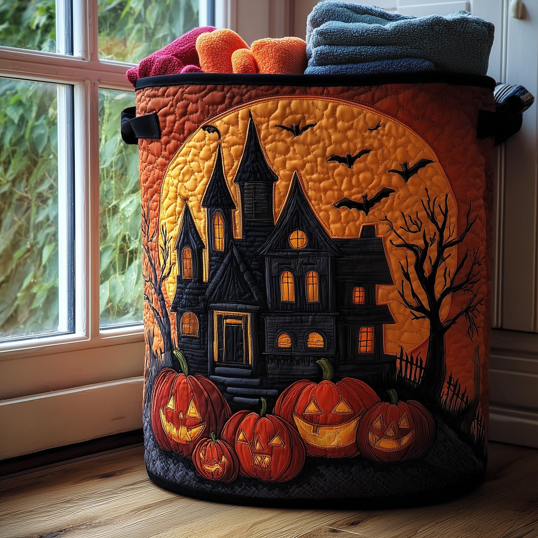 Moonlit Haunted House Quilted Laundry Basket Decorative Laundry Basket Holiday Gifts For Friend