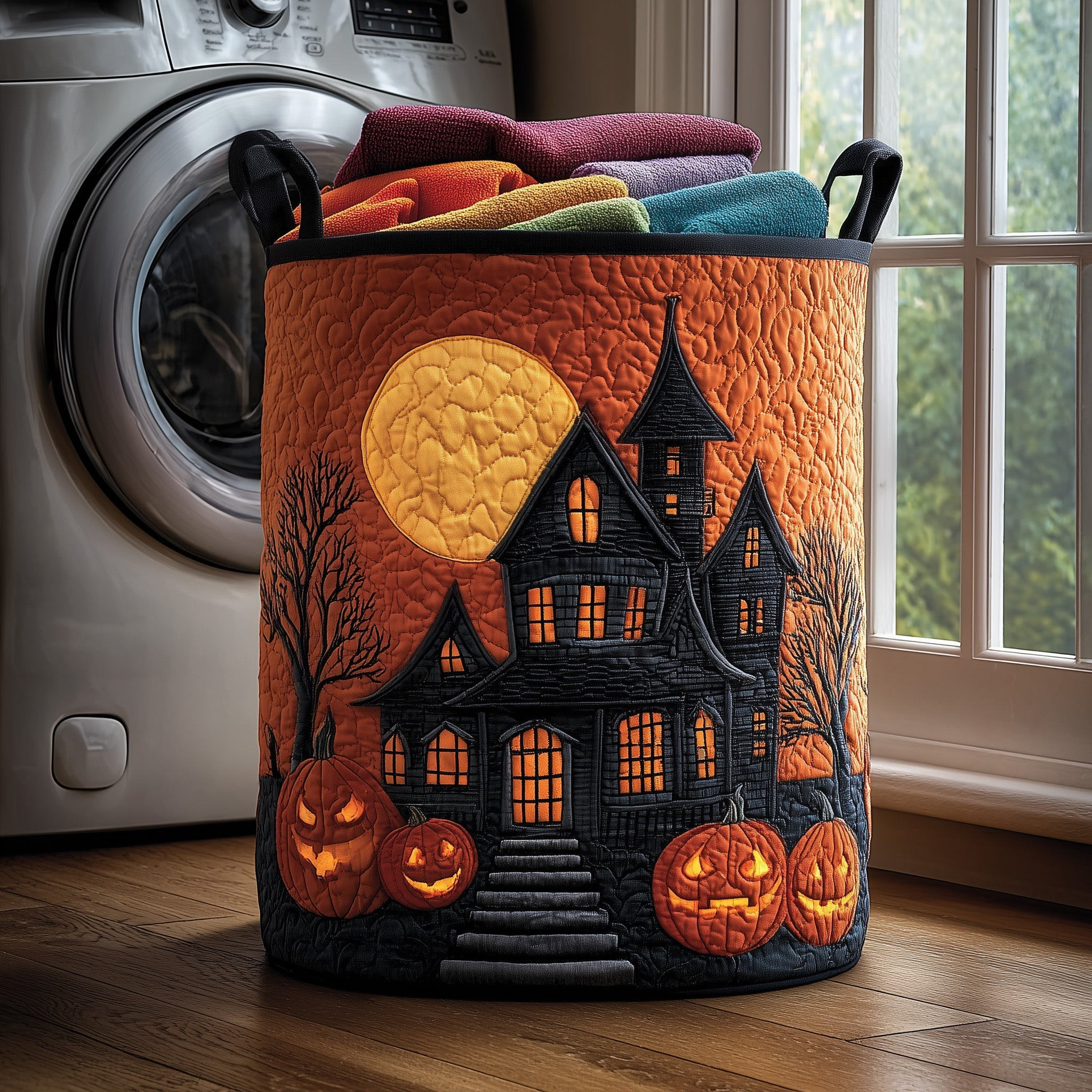 Moonlit Haunted House Quilted Laundry Basket Halloween Themed Holiday Home Decor Gifts