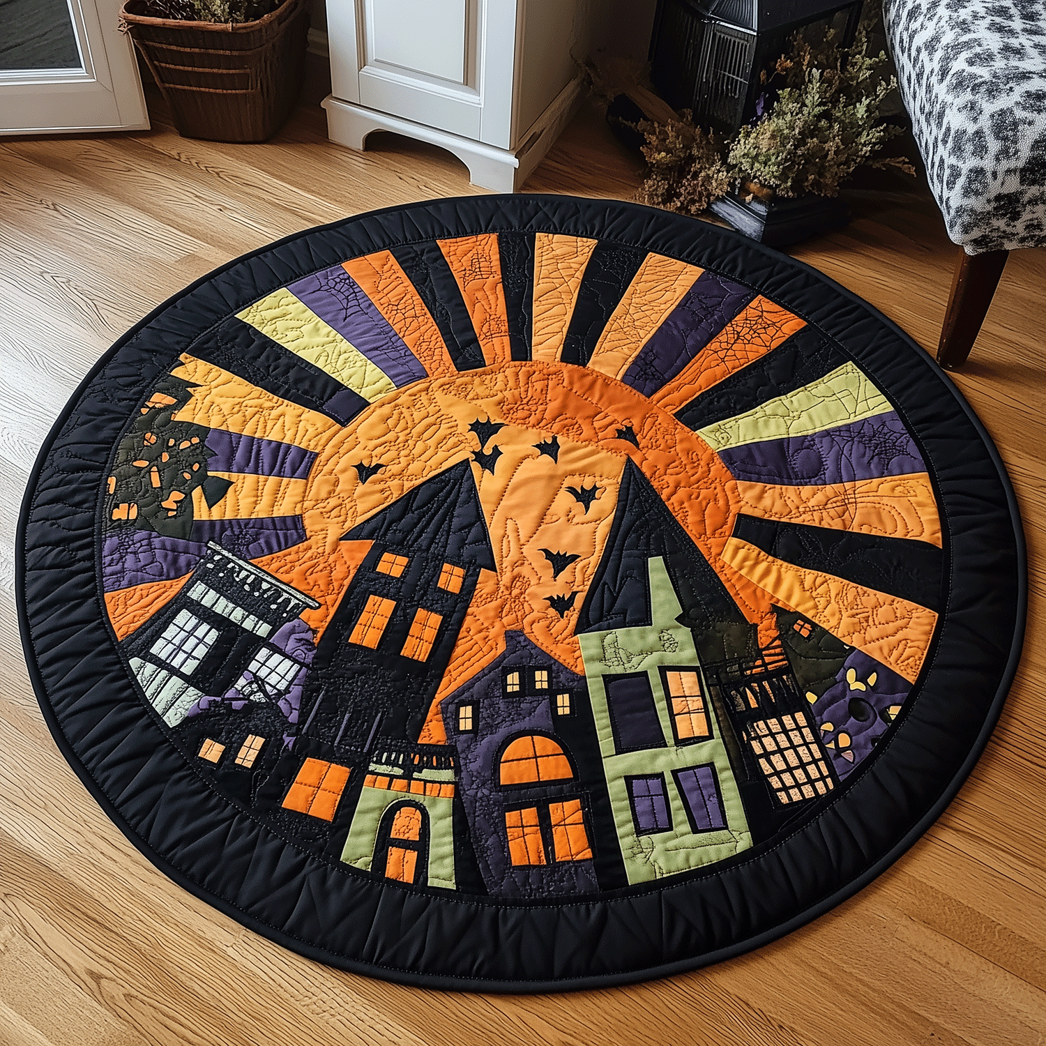 Moonlit Haunted Town Quilted Round Mat Outdoor Decor Cool Gifts For Birdwatchers
