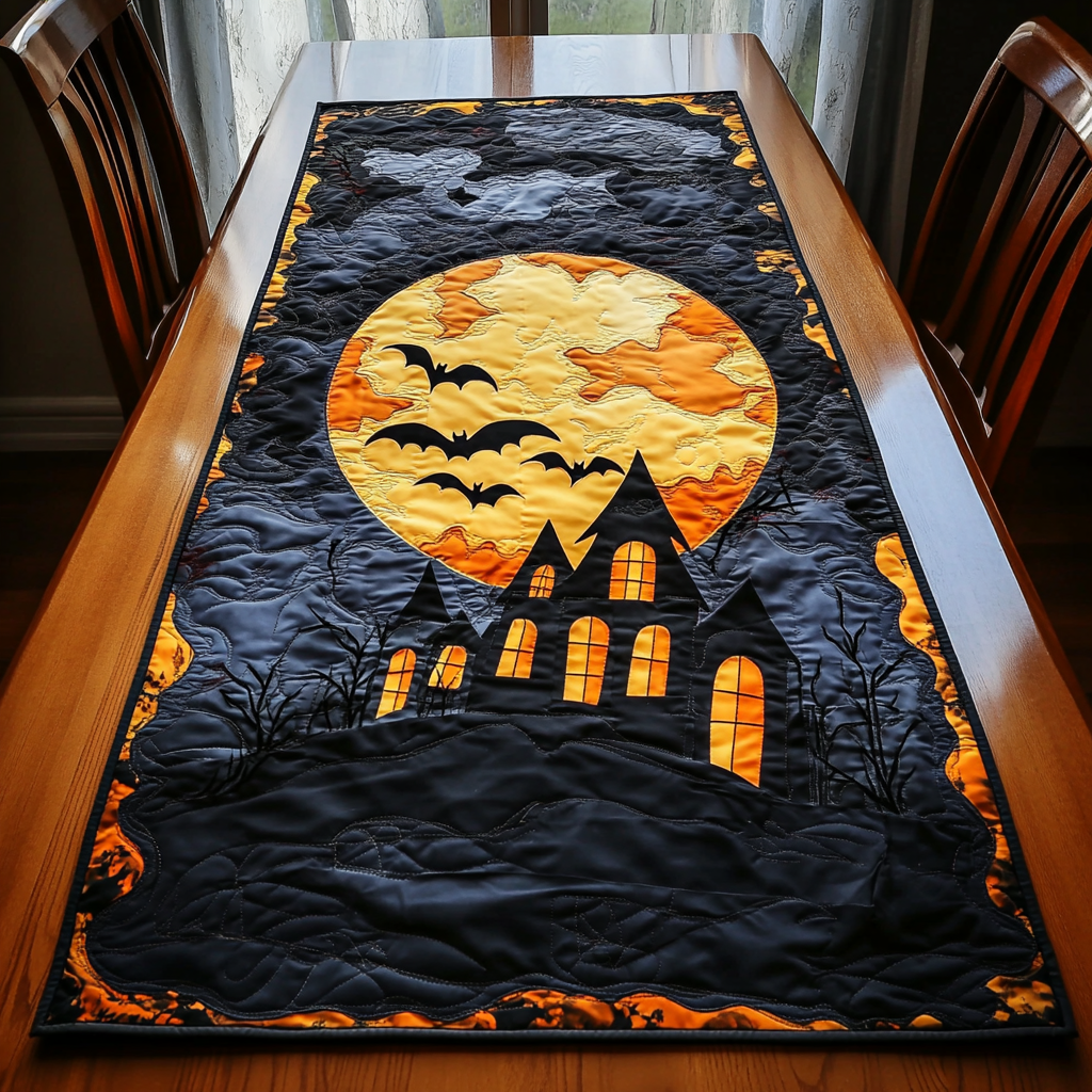 Moonlit House Quilted Table Runner Fall Table Runner Fall Halloween Table Decor