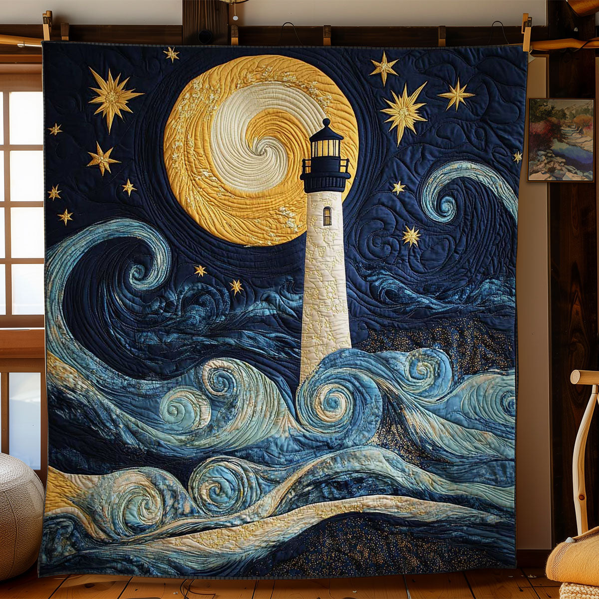 Moonlit Lighthouse Quilt Charming Quilt Blanket Gift for Festive Spirit