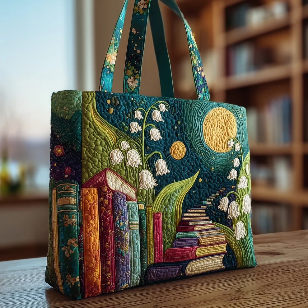 Moonlit Lily Of The Valley Book Garden Quilted Tote Bag Literary Reader Floral Nature Gift For Mom