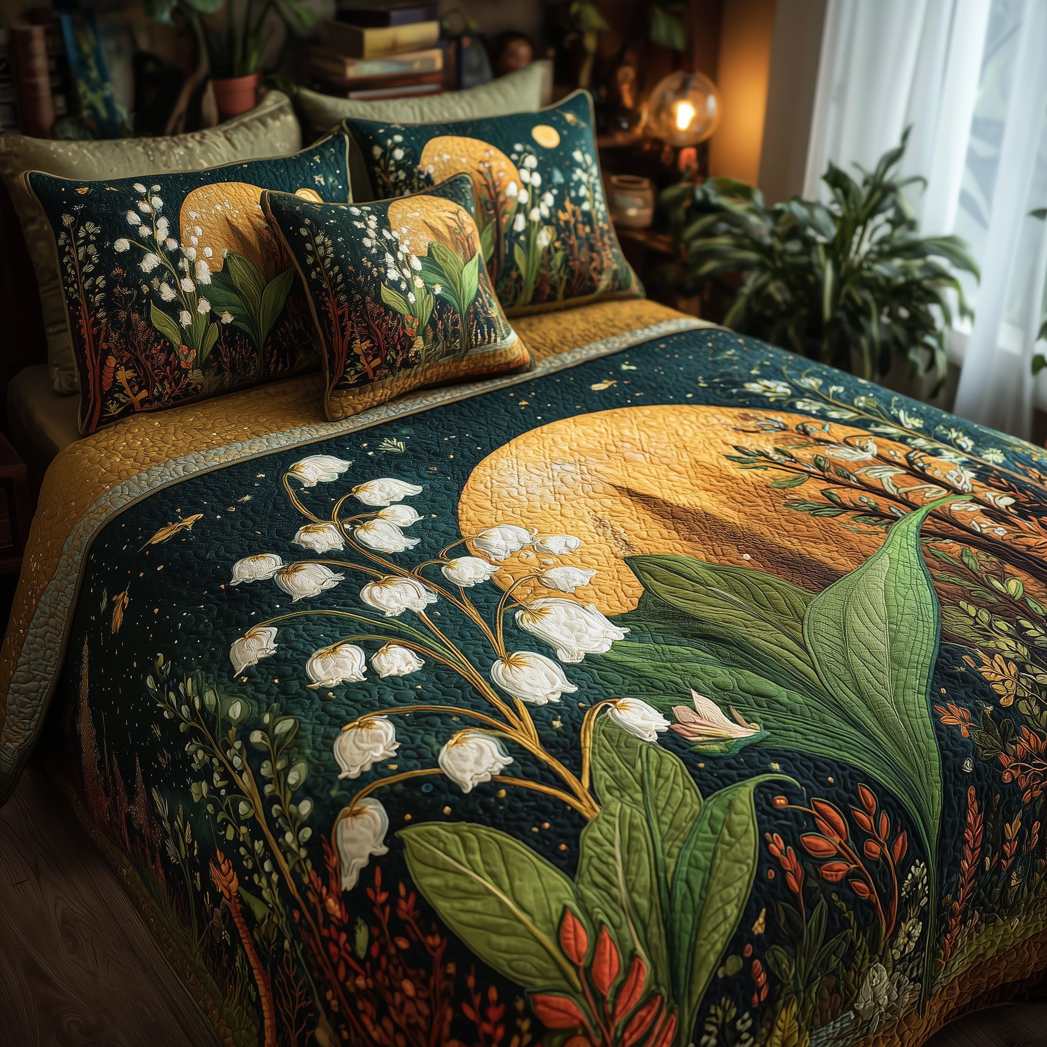 Moonlit Lily Of The Valley Quilted Bedding Set Duvet Cover Bedspread Christmas Presents For Him Ideas