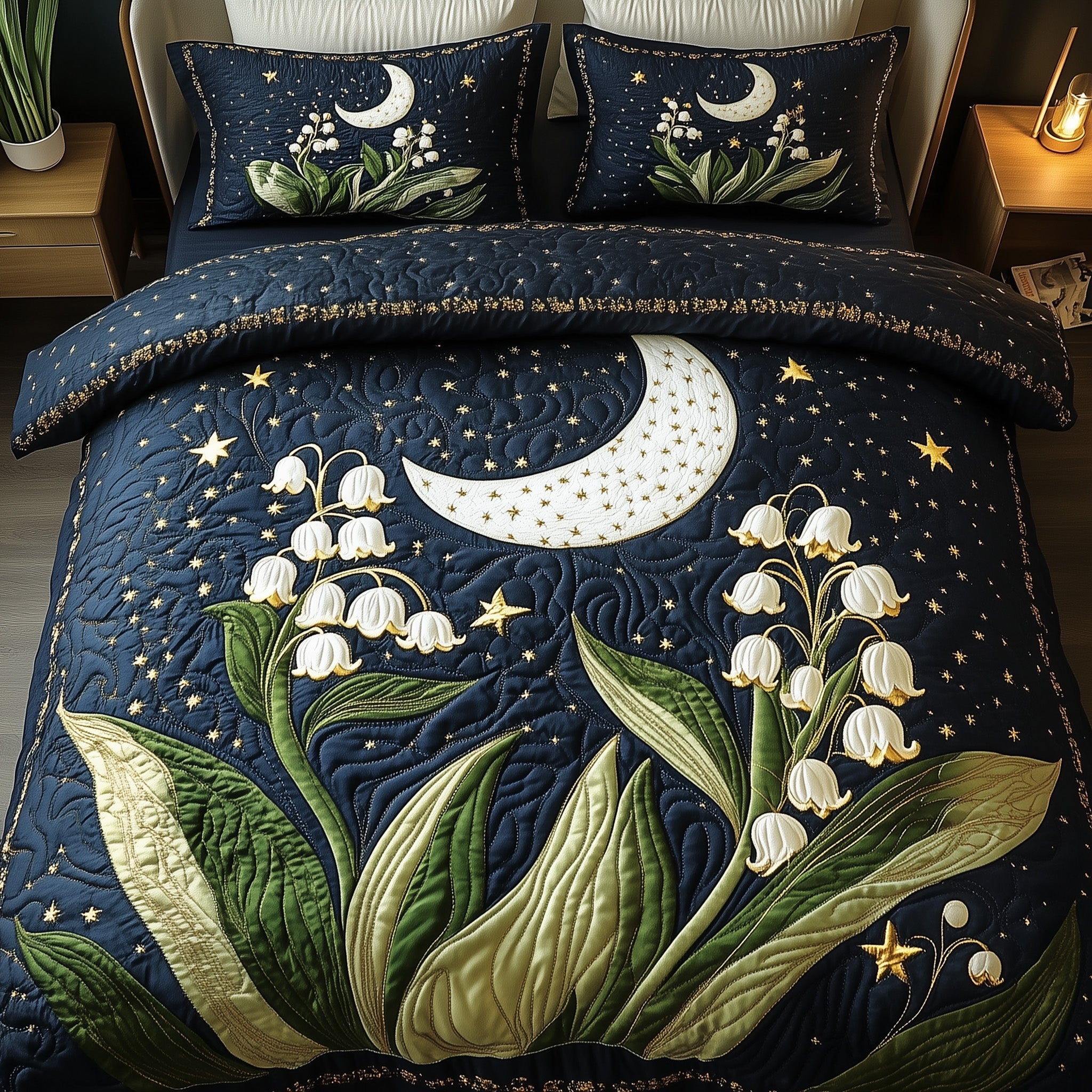 Moonlit Lily of the Valley Quilted Bedding Set Duvet Cover Bedspread Gifts For Mum Christmas