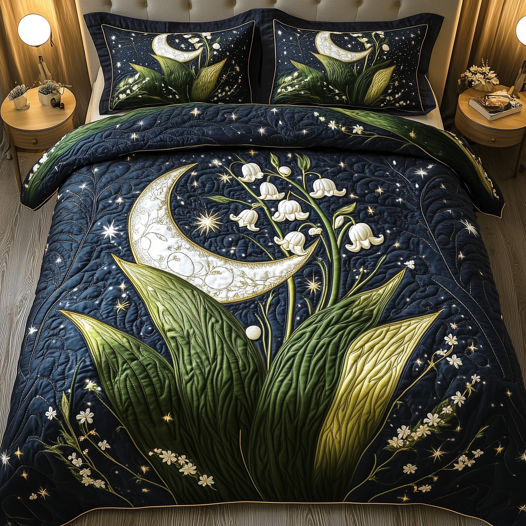 Moonlit Lily of the Valley Quilted Bedding Set Duvet Cover Bedspread Mum Christmas Gifts